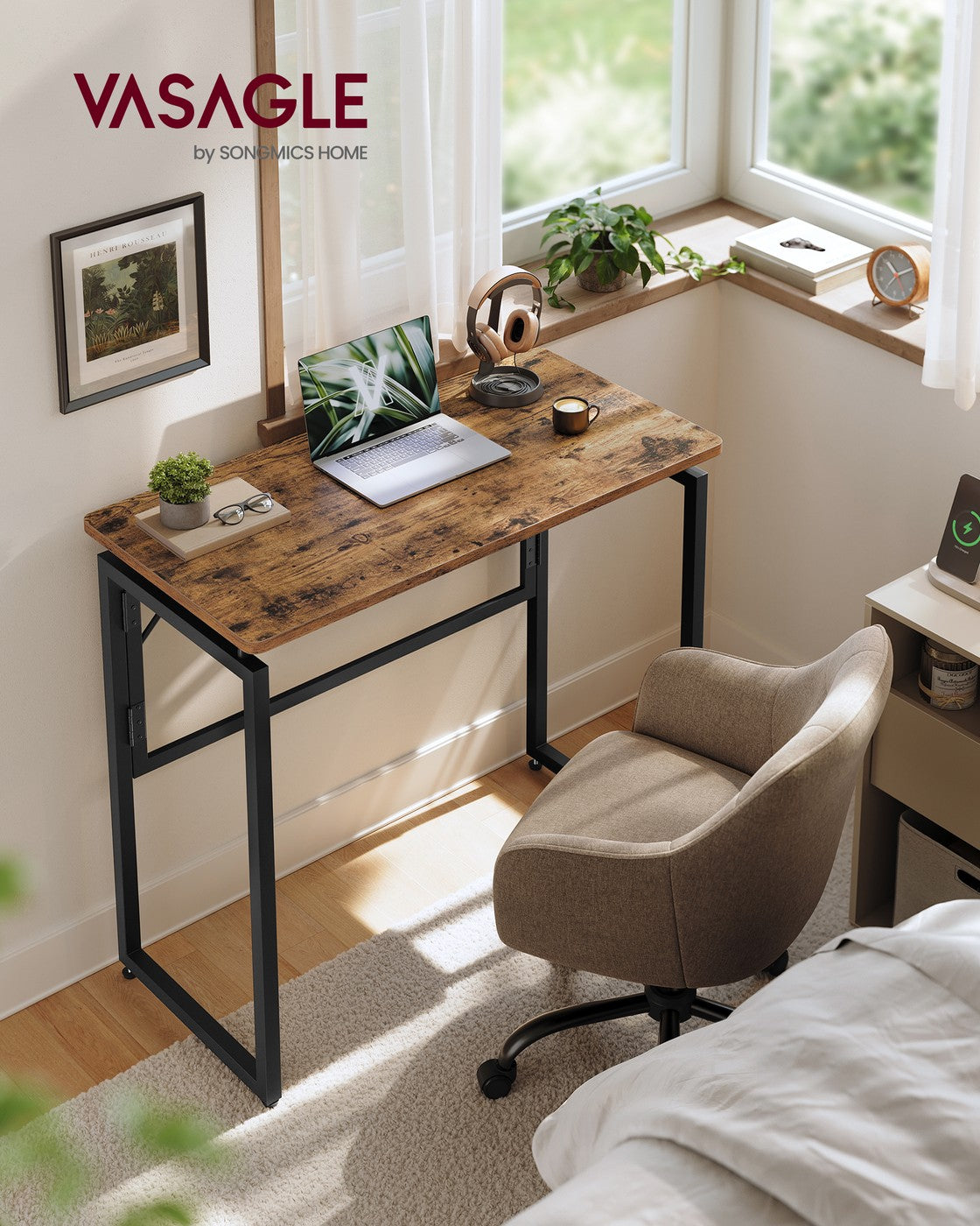 One-Piece Foldable Computer Desk with Rounded Edges - Rustic Brown