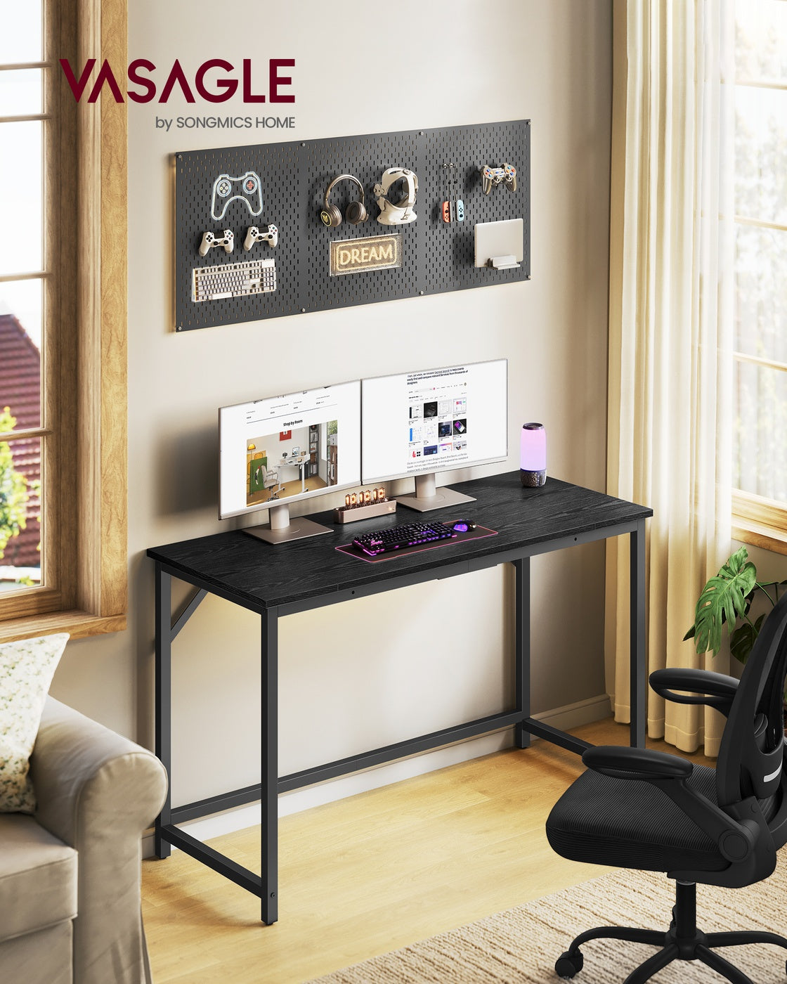 Steel Frame Computer Desk for Study or Home Office - Ebony Black, Ink Black