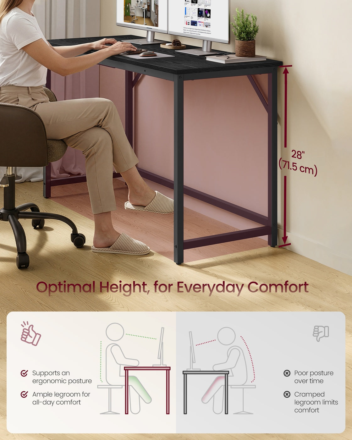 Steel Frame Computer Desk for Study or Home Office - Ebony Black, Ink Black