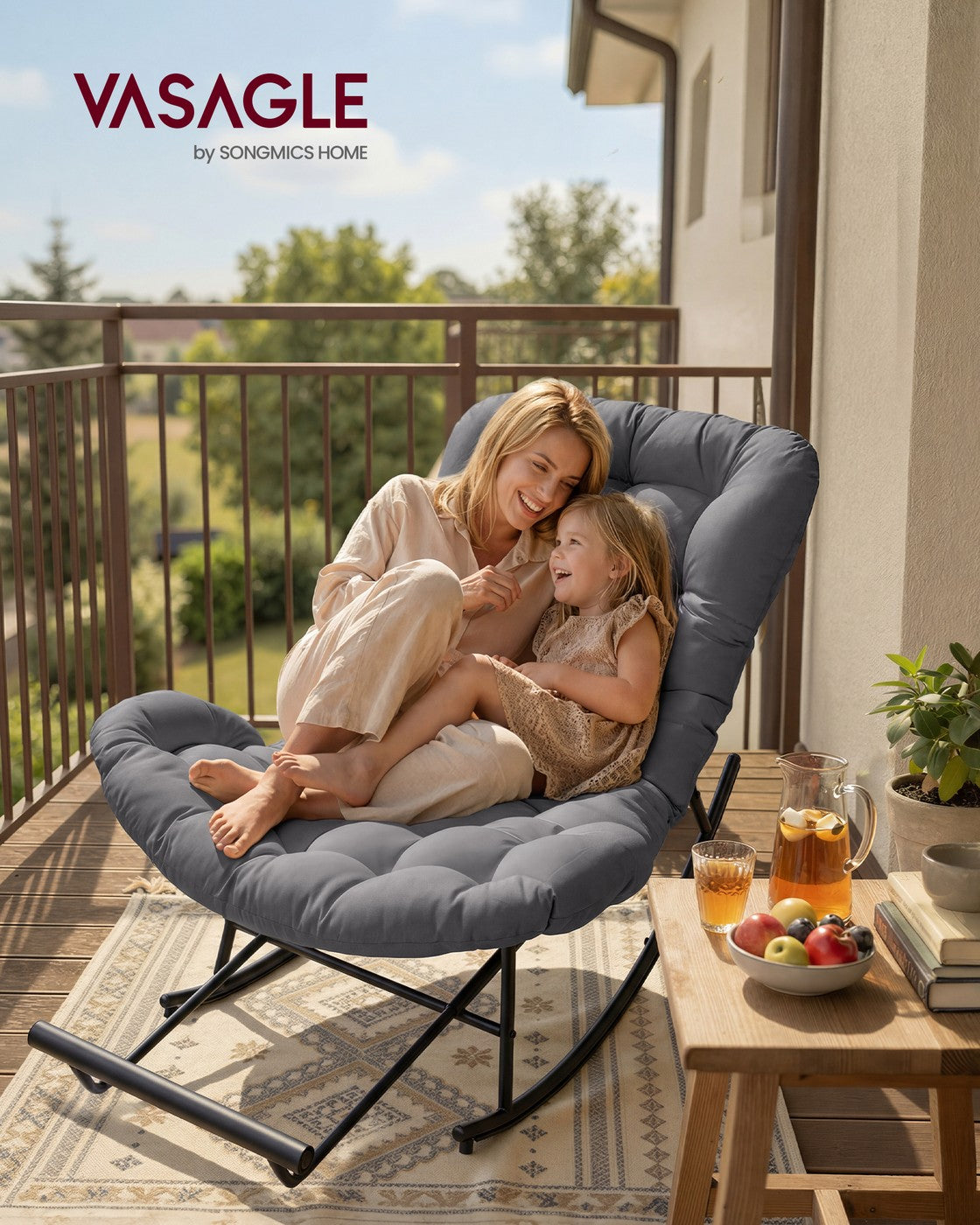 Outdoor Rocking Papasan Chair - Extendable Footrest - Removable Cushion