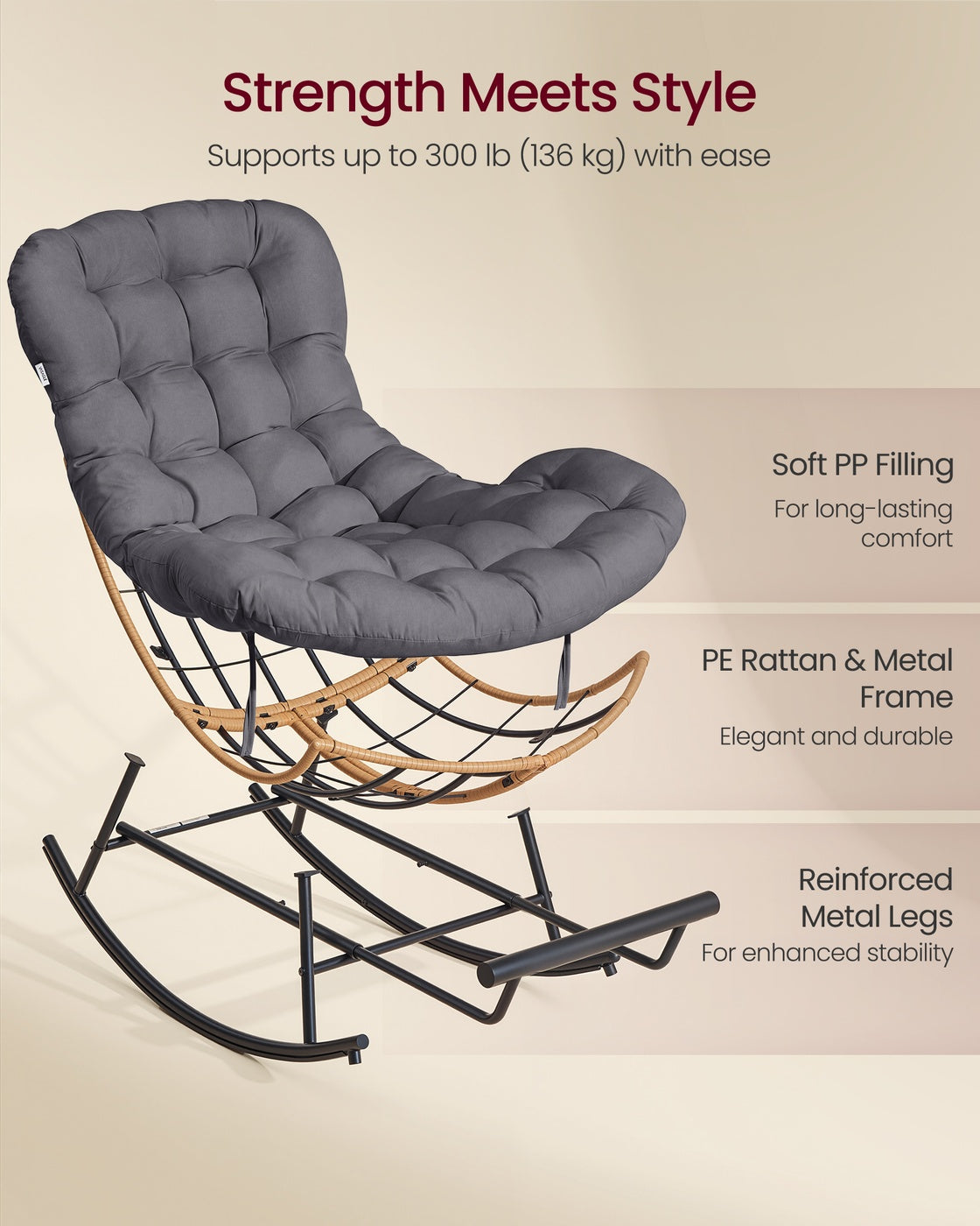 Outdoor Rocking Papasan Chair - Extendable Footrest - Removable Cushion