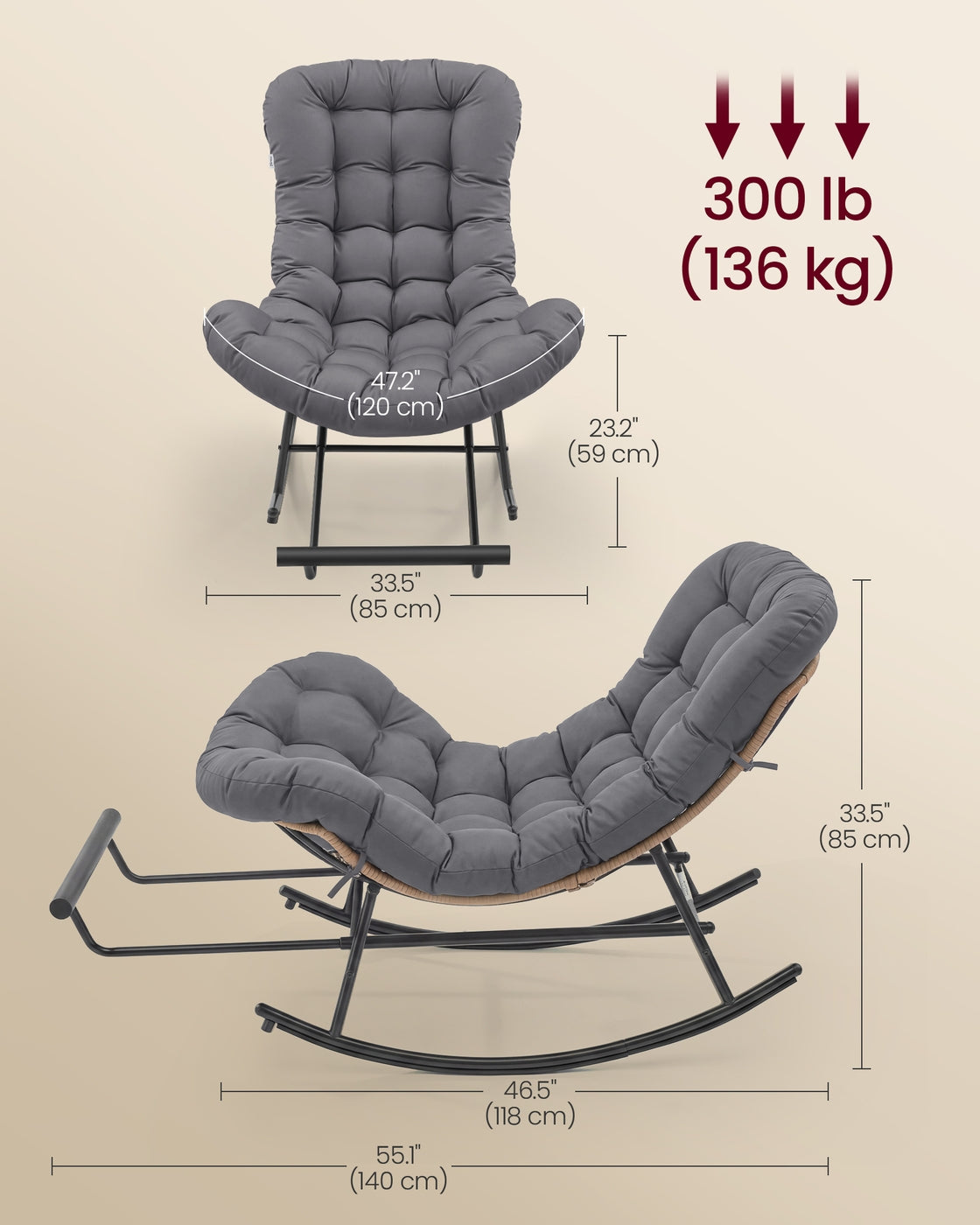 Outdoor Rocking Papasan Chair - Extendable Footrest - Removable Cushion