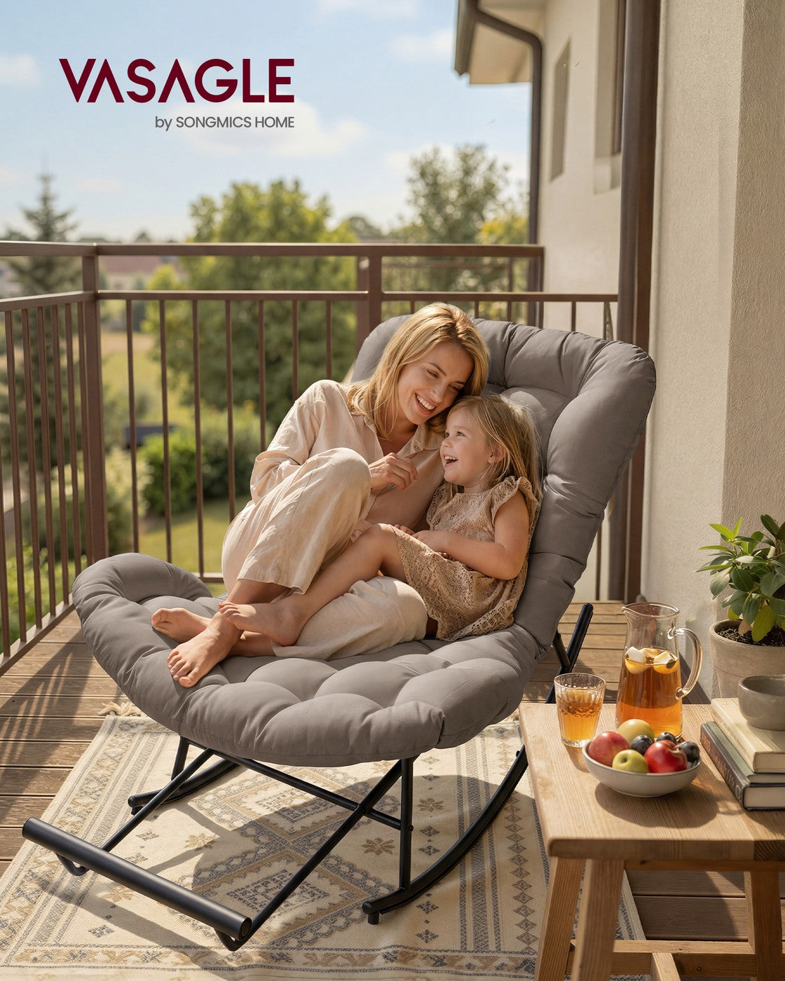Steel Rocking Papasan Chair - Deep Cushioned Seat - Patio and Indoor Use