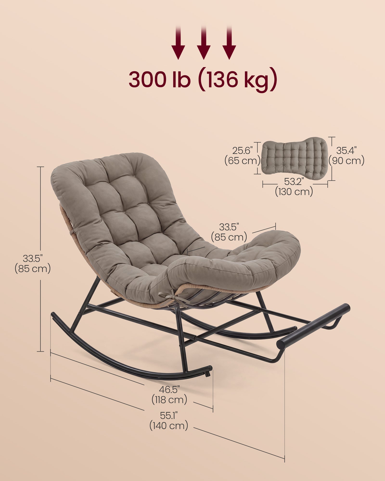 Outdoor Rocking Chair - Papasan Chair with Extendable Footrest - Outdoor Furniture - Heavy Duty Rocker with Removable Cushion - Outdoor Chair for Porch Patio Garden - Cappuccino Beige ULYY062LZ01V1