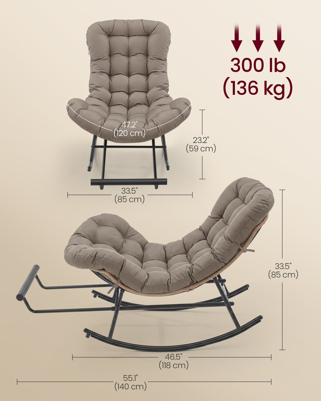 Steel Rocking Papasan Chair - Deep Cushioned Seat - Patio and Indoor Use
