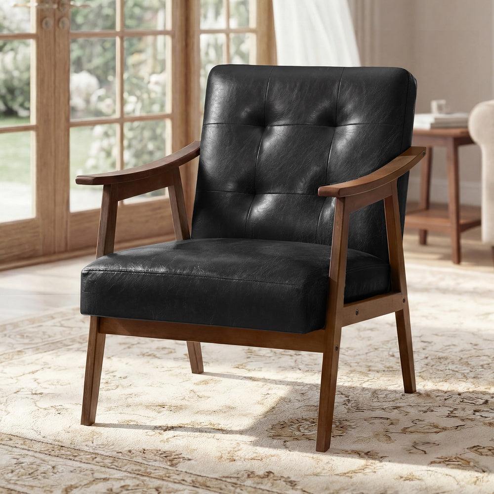 Leather-Look Accent Chair - Mid-Century Silhouette - Living Room Or Office Seating - Black