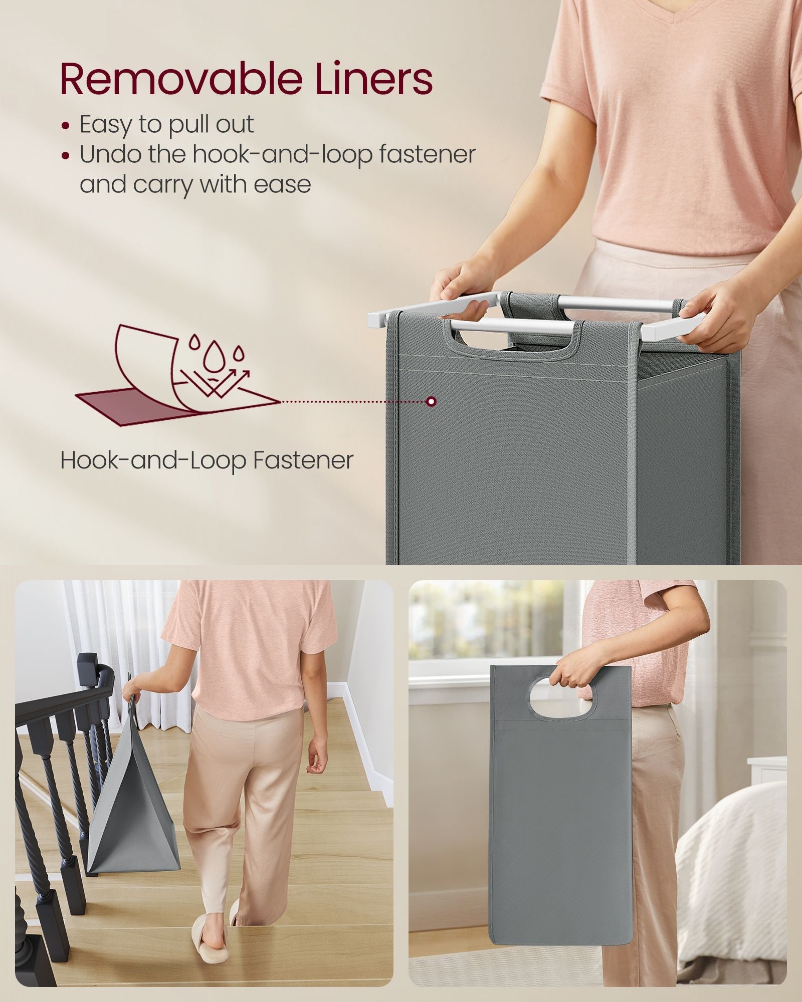 Laundry hamper with shelf, 1–4 compartments, pull-out liners, steel frame