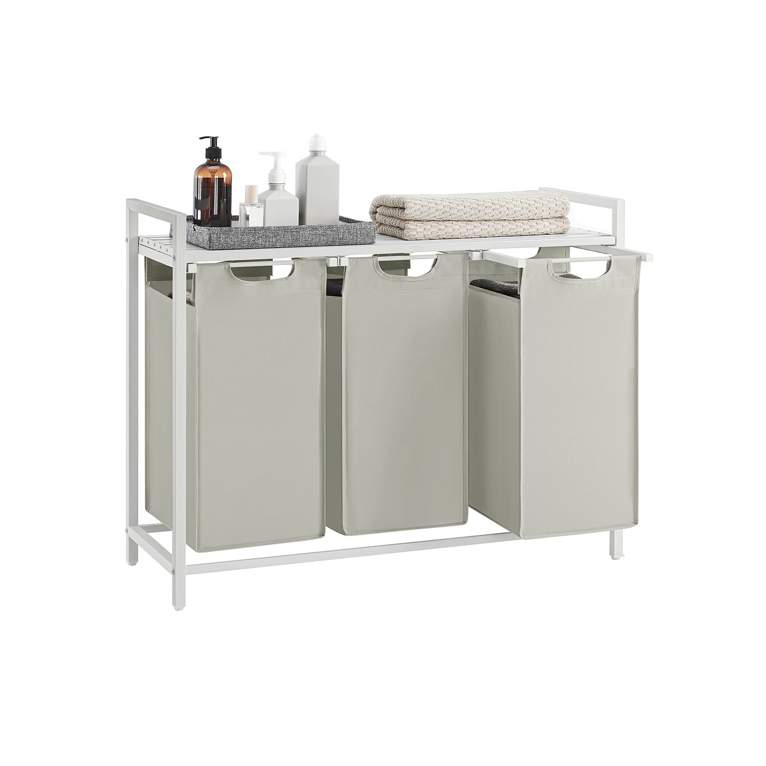 Laundry hamper with shelf, 1–4 compartments, pull-out liners, steel frame