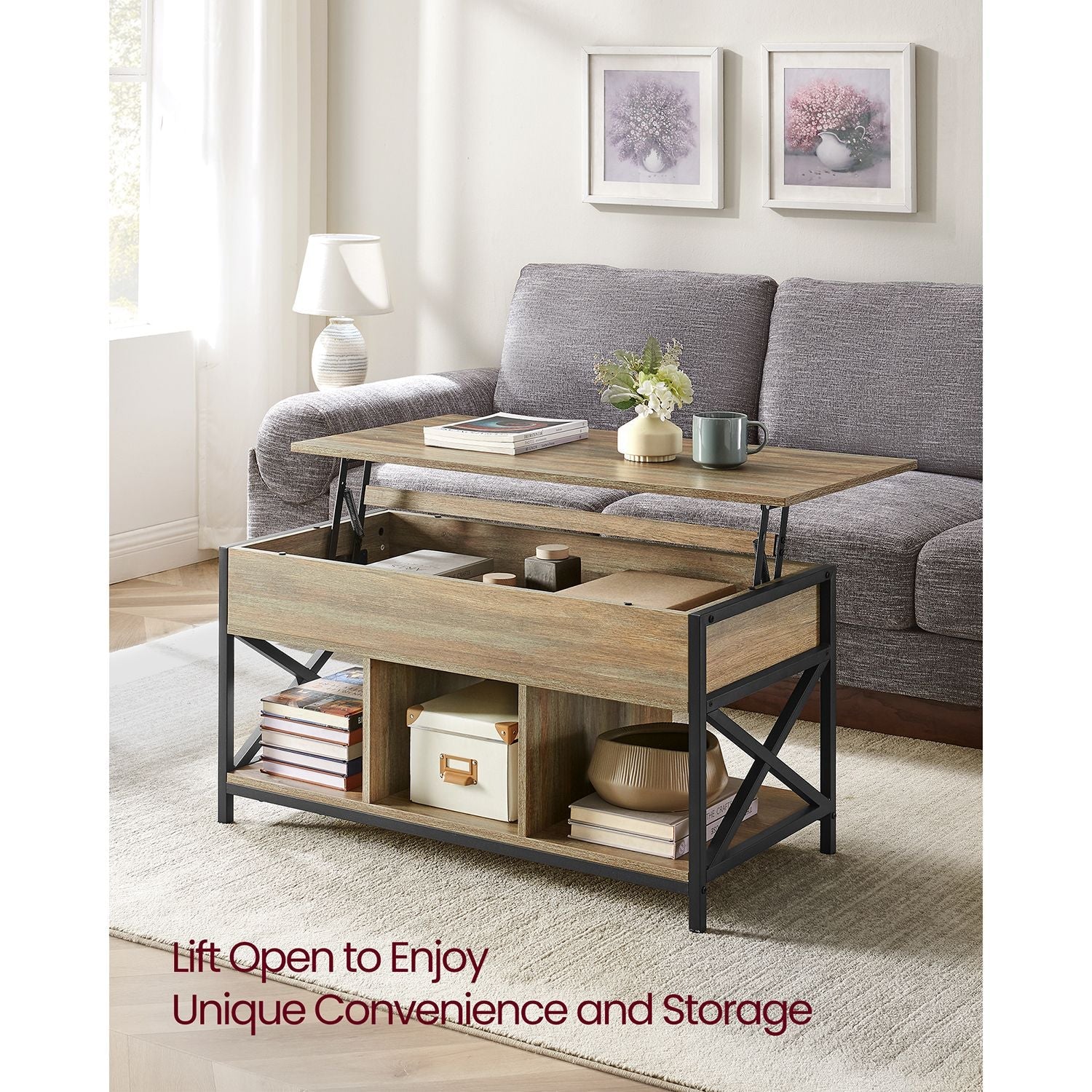 Lift-top coffee table - industrial style - adjustable height - hidden storage