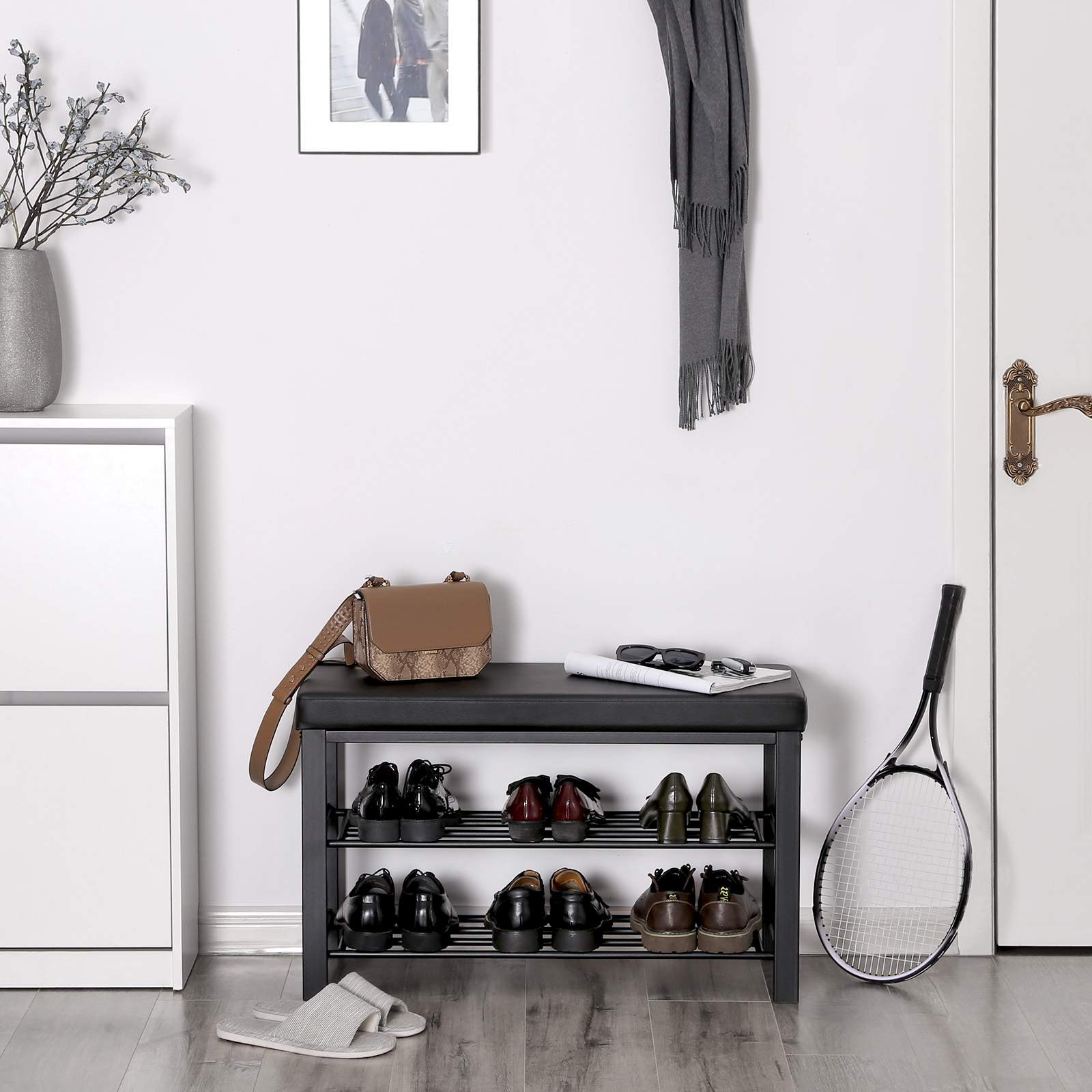 3-Tier Shoe Bench with Foam Padded Seat - Black Seat, Dull Polished Black Frame