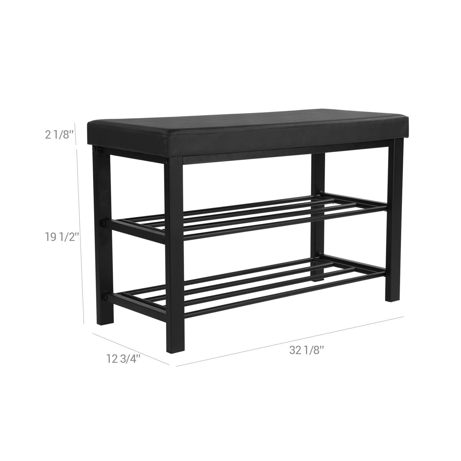 3-Tier Shoe Bench with Foam Padded Seat - Black Seat, Dull Polished Black Frame