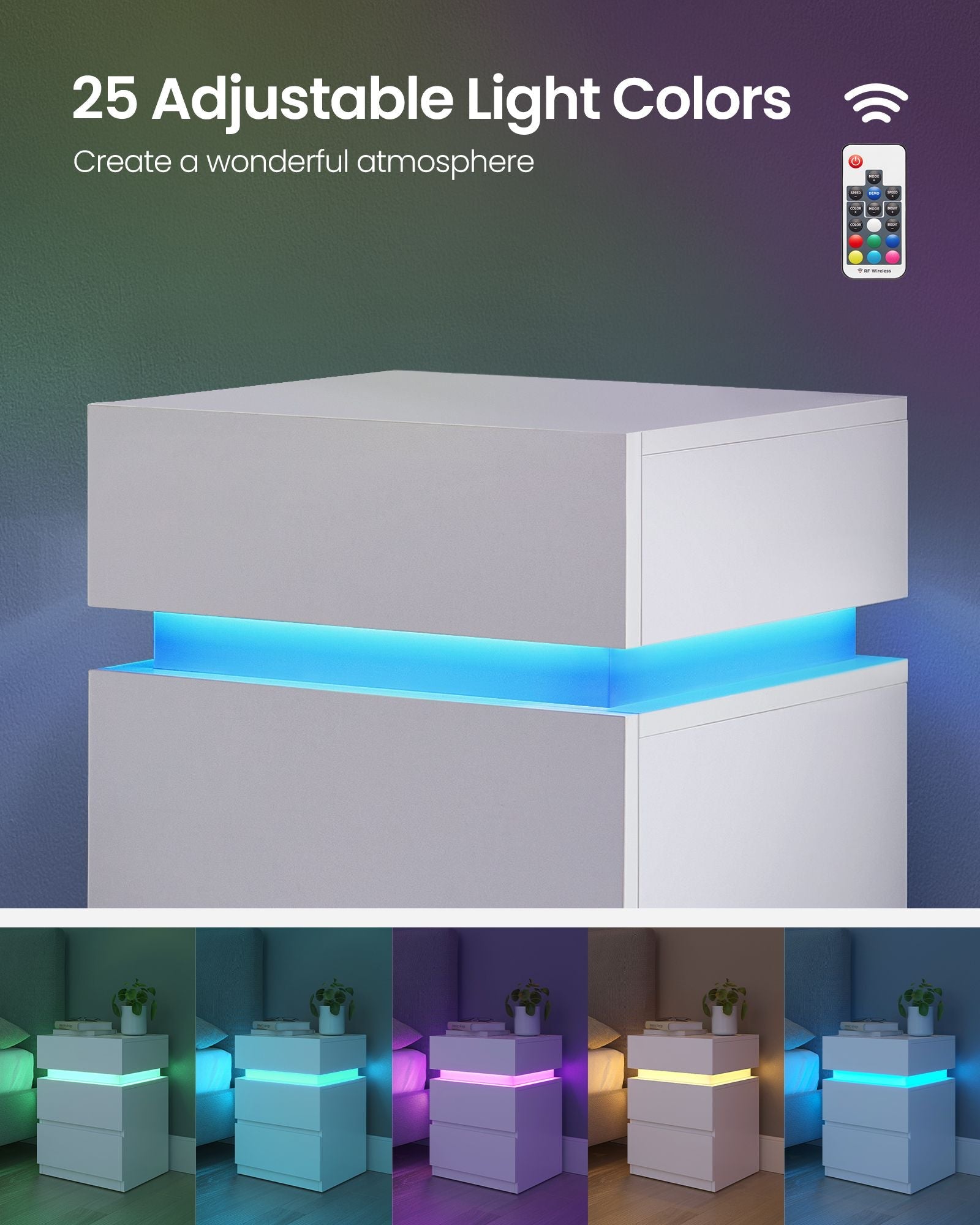 Nightstand with LED Lights – 3 Drawers – Remote Control – Modern Side Table
