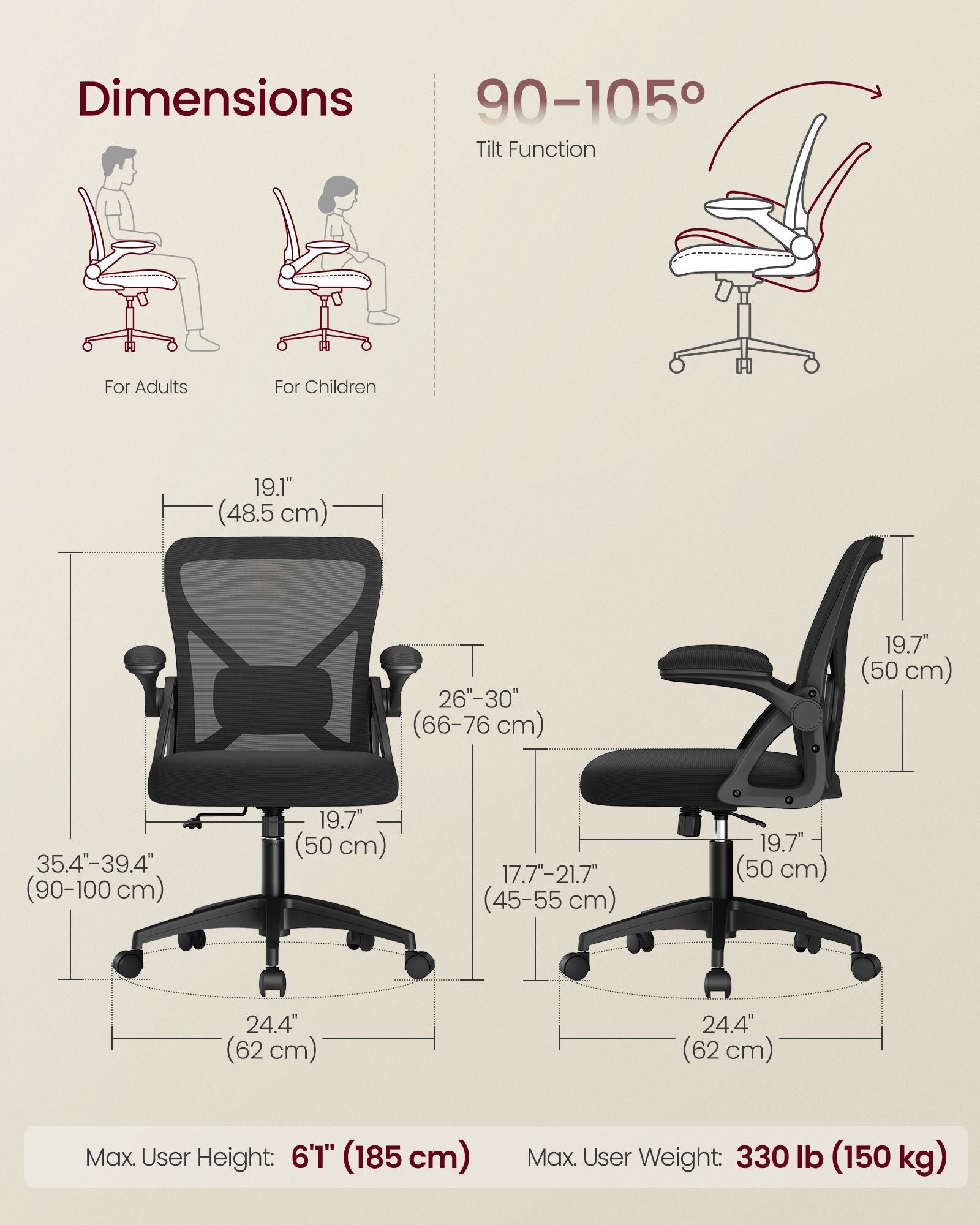 Ergonomic Mesh Office Chairs with Adjustable Lumbar Support - Ink Black