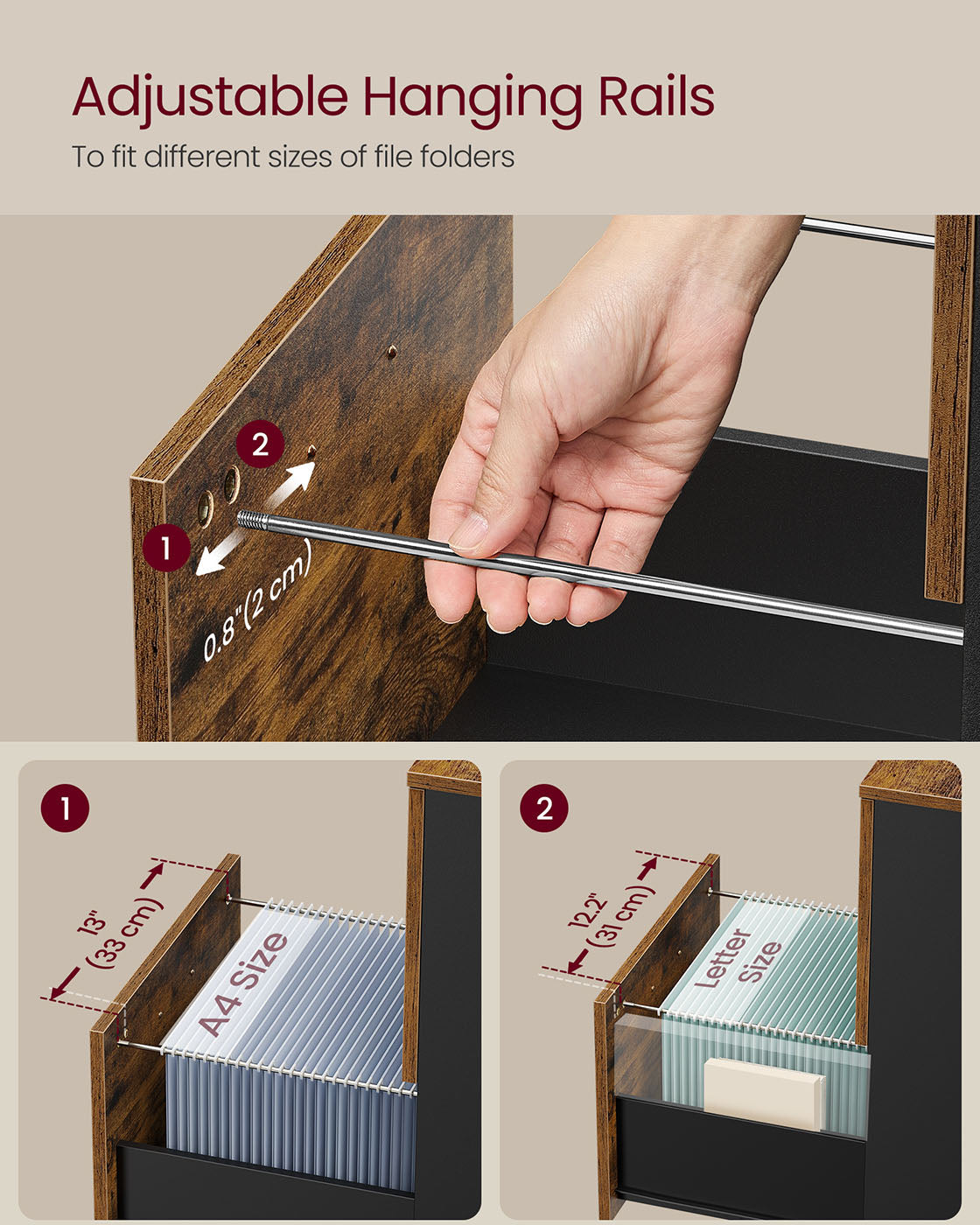 2-Drawer File Cabinet Small Rolling Filing Cabinet Rustic Brown and Ink Black - Rustic Brown, Black