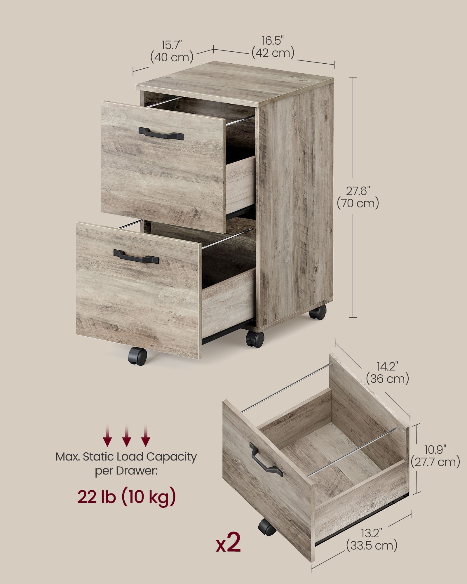 2-Drawer File Cabinet - Small Rolling Filing Cabinet for Home Office - Heather Greige