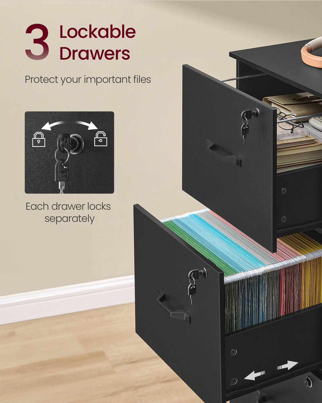 Vertical File Cabinet - 3-Drawer - Lockable - Adjustable Hanging Rail