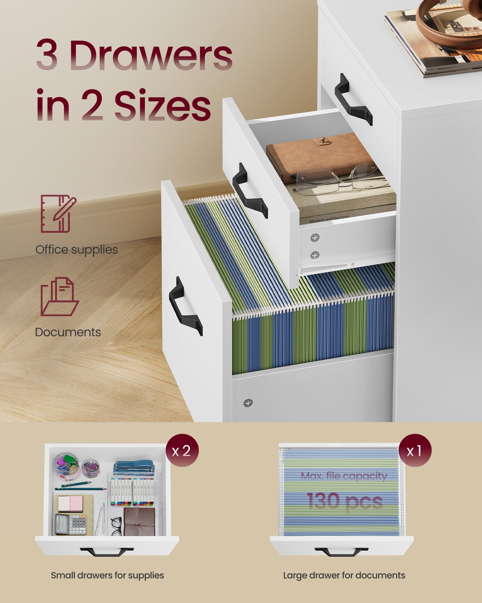 Mobile File Cabinet - 3 Drawers Filing Cabinet with Wheels - Cloud White