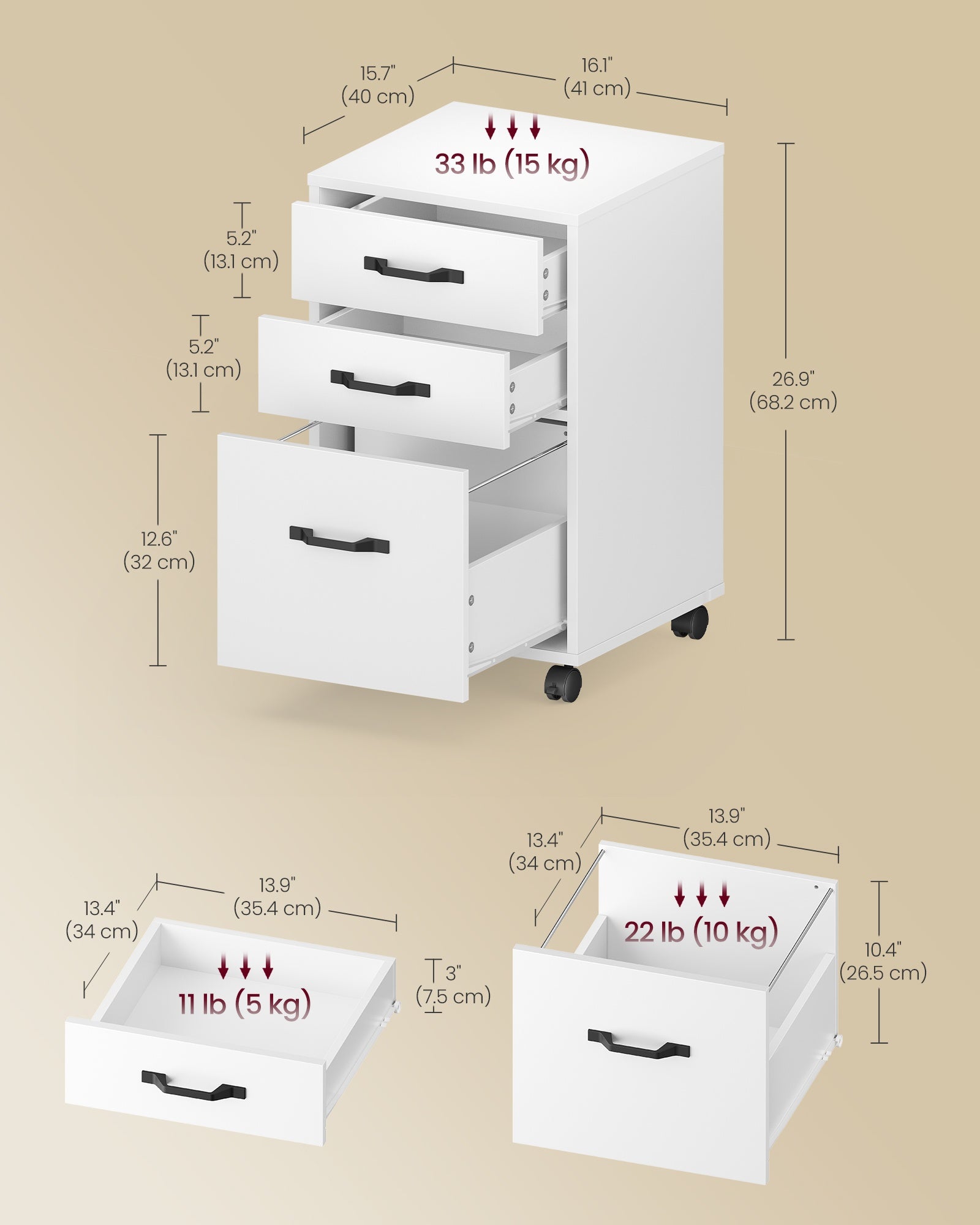 Mobile File Cabinet - 3 Drawers Filing Cabinet with Wheels - Cloud White