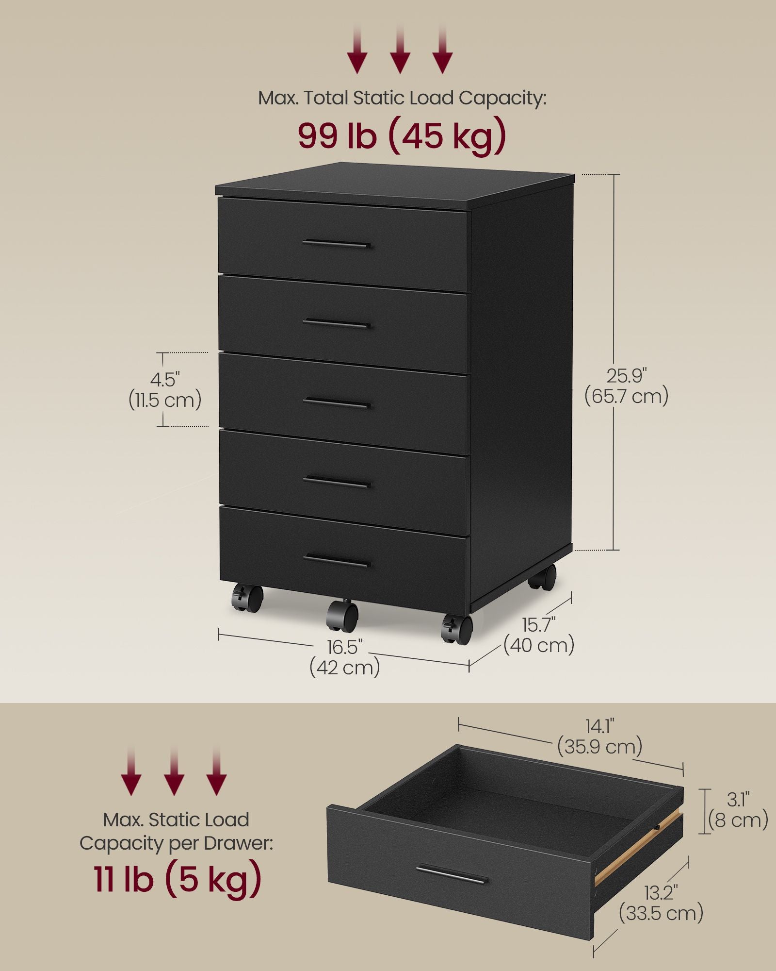 CUSTOS Collection - File Cabinet - Mobile Pedestal Filing Cabinet with Wheels - Ink Black - Black