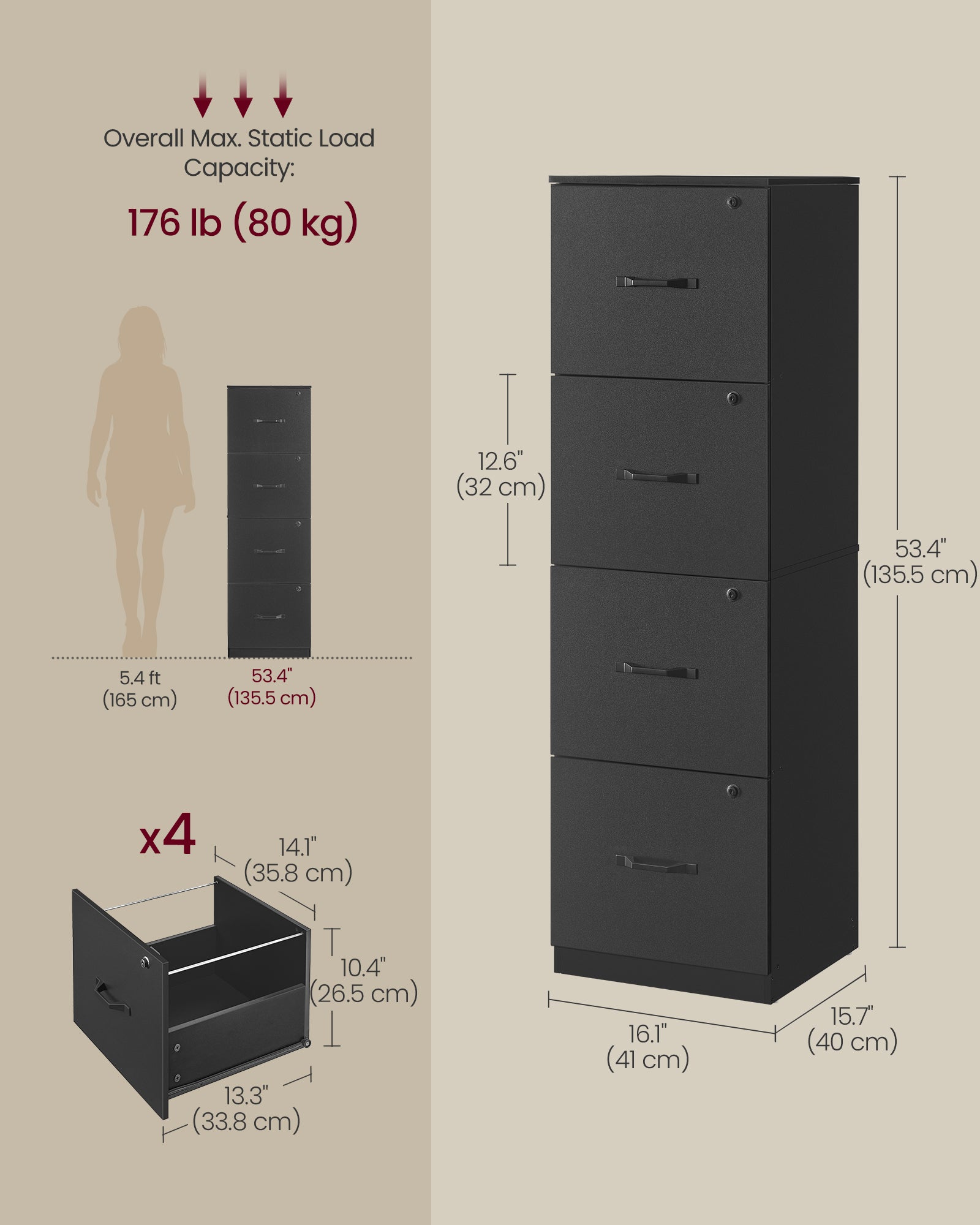 4-Drawer Vertical File Cabinet - Filing Cabinet for Home Office - Printer Stand - with 4 Lockable Drawers - Adjustable Hanging Rail - for A4 and Letter-Size Files - Ink Black UOFC082B01 - Ink Black