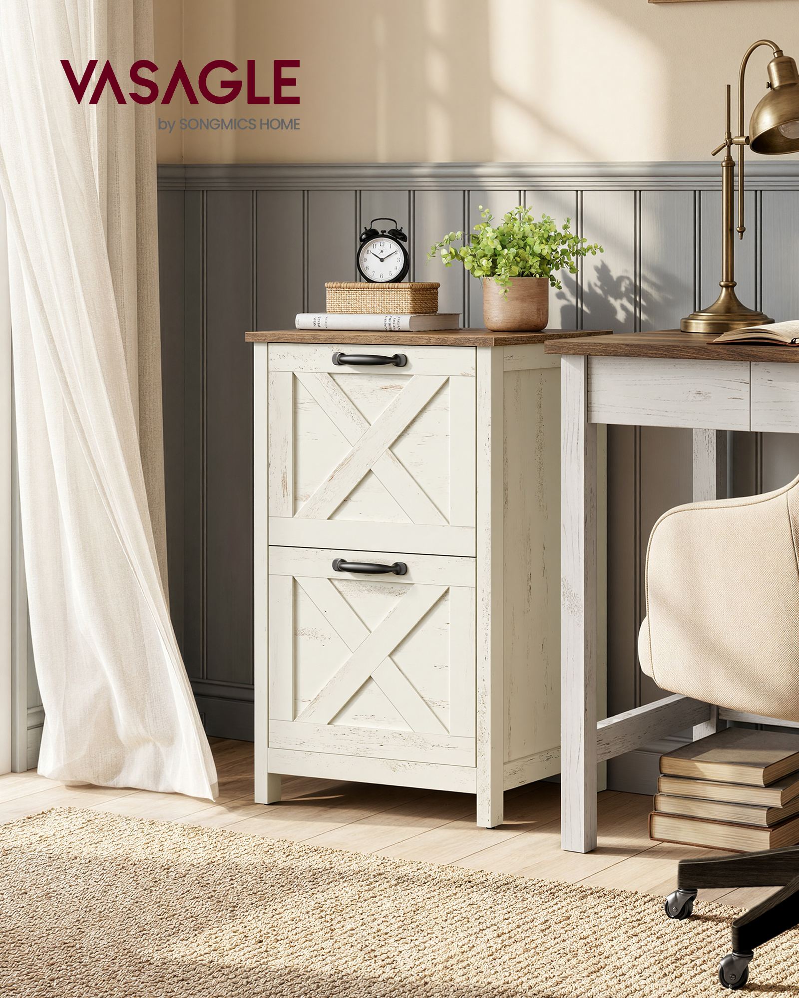 2-Drawer File Cabinet - Barn Door Style - A4/Letter - 17.7"x15.7"x29.5" - Cloud White/Warm Earth Brown