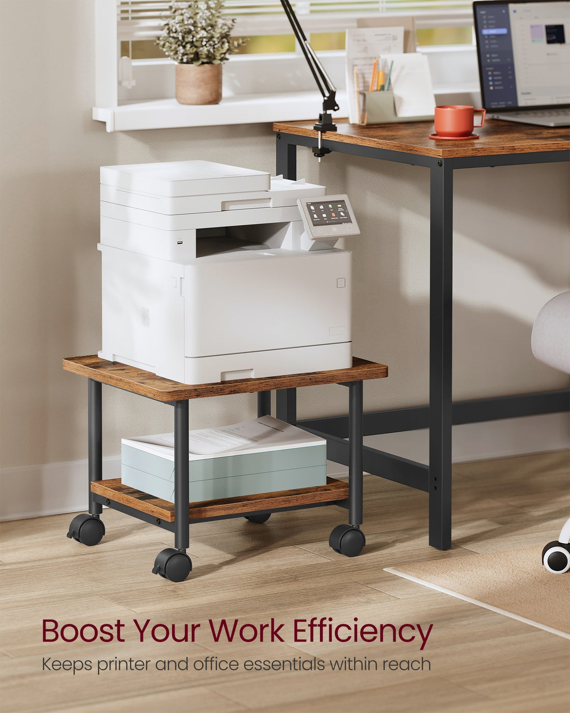 Under Desk Printer Stand - Rustic Brown, Black