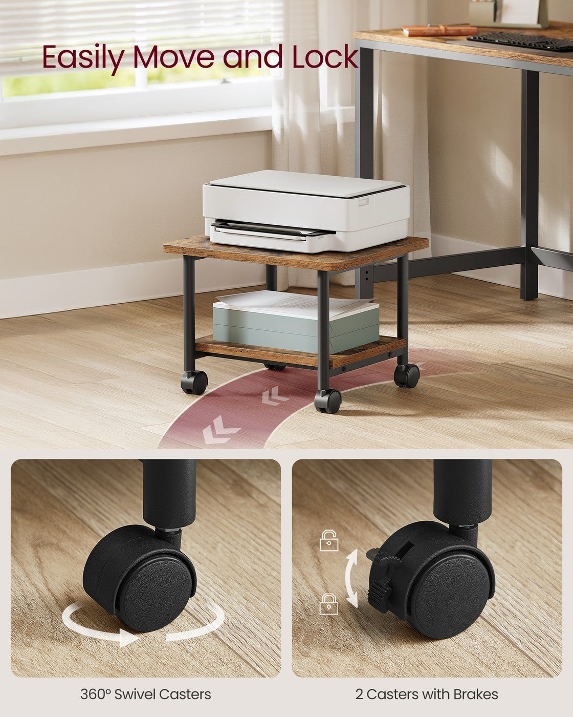 Under Desk Printer Stand - Rustic Brown, Black