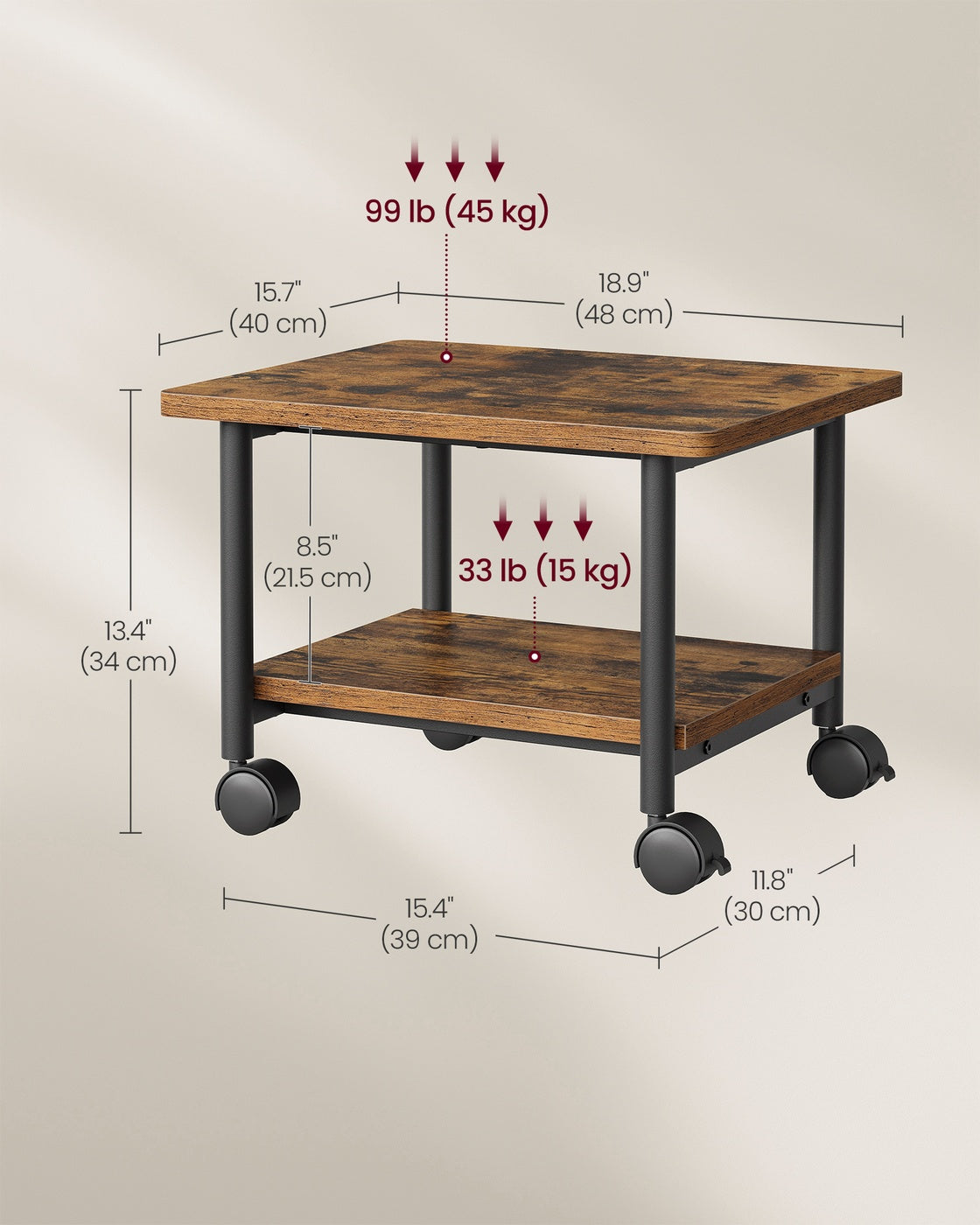 Under Desk Printer Stand - Rustic Brown, Black