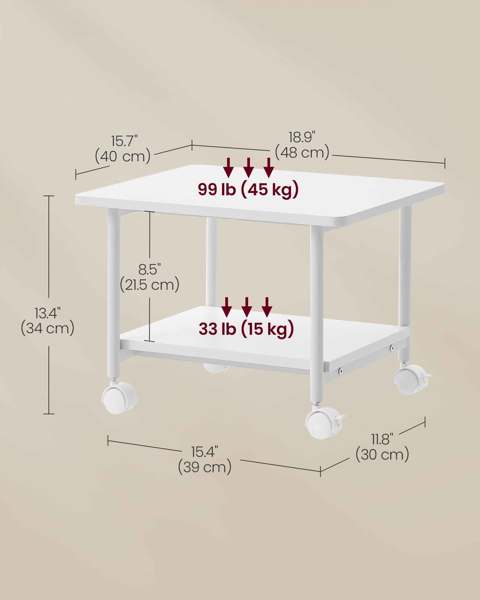 Printer Stand with Locking Wheels - 2-Tier Shelf - White