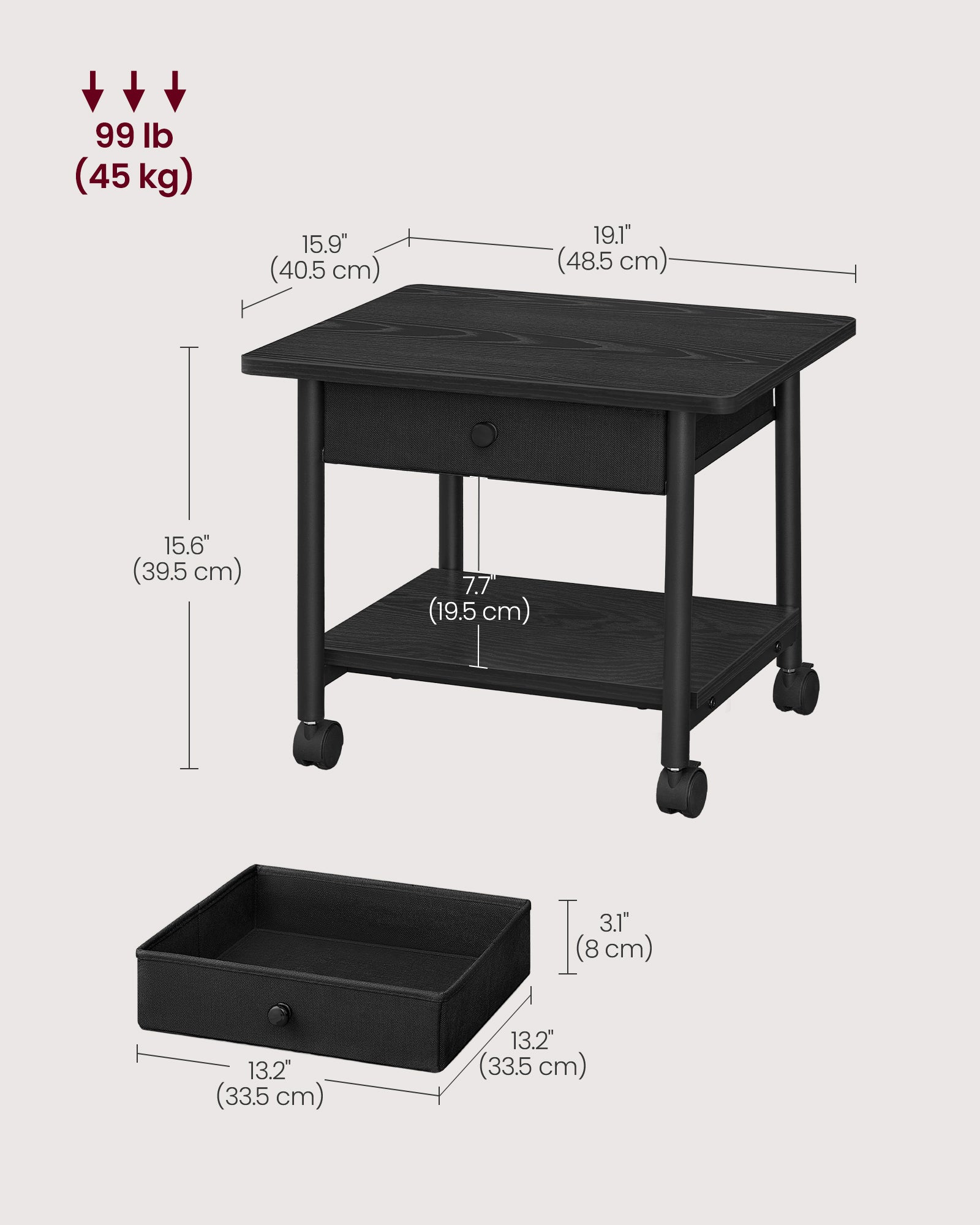 Printer Stand with Locking Wheels - 2-Tier Shelf - Ebony Black and Black