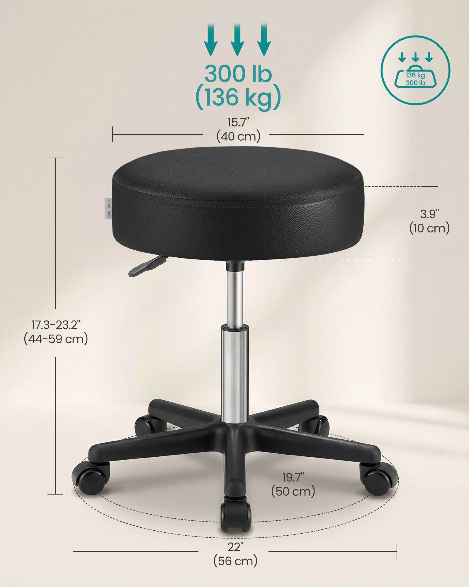 Rolling Stool - Adjustable Swivel Stools Chair - PU Leather - Black