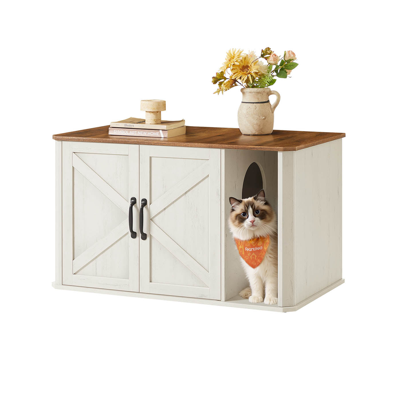 Litter Box Enclosure Modern Cat Litter Box Furniture Hidden - Honey Brown, Rustic White