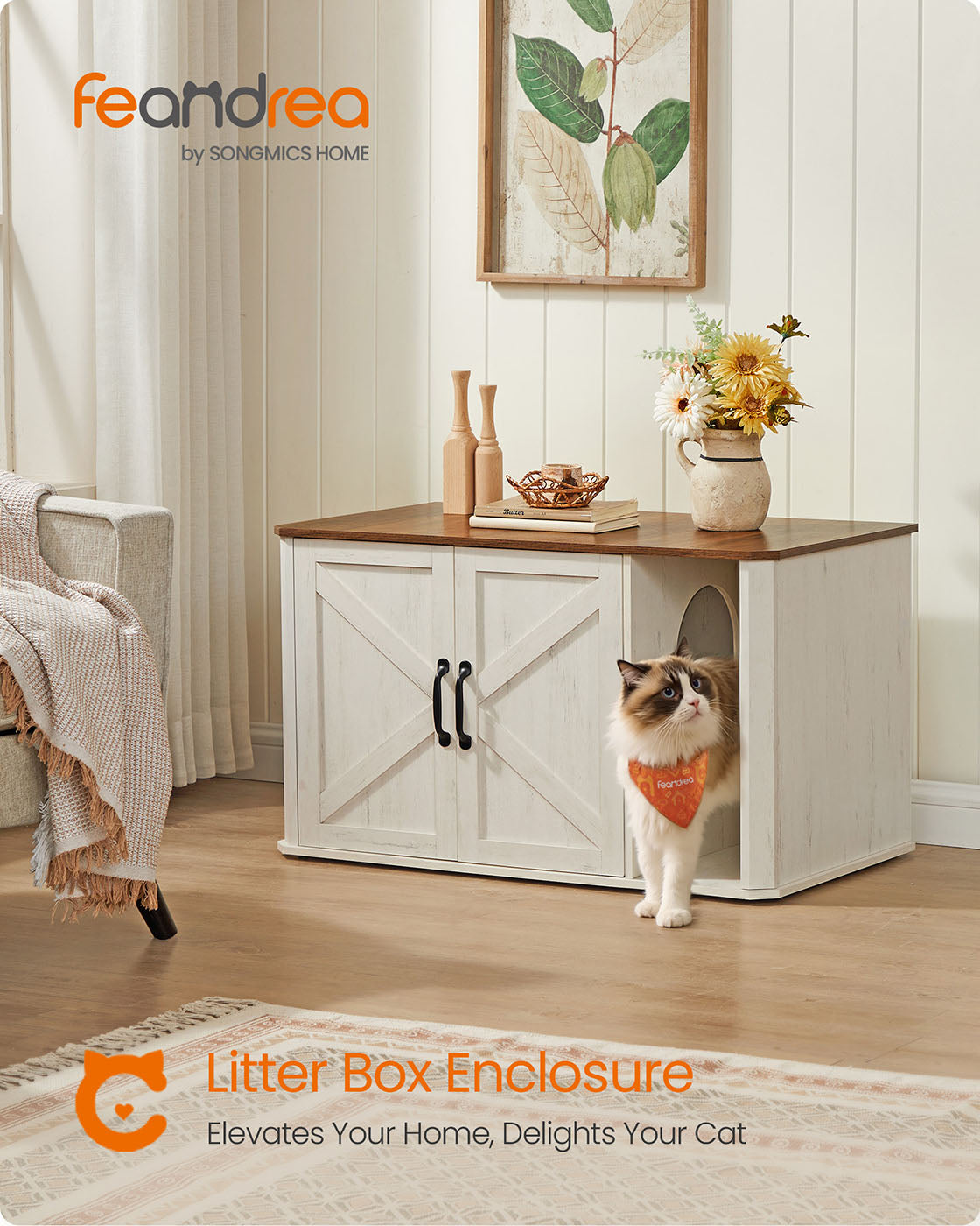 Litter Box Enclosure Modern Cat Litter Box Furniture Hidden - Honey Brown, Rustic White