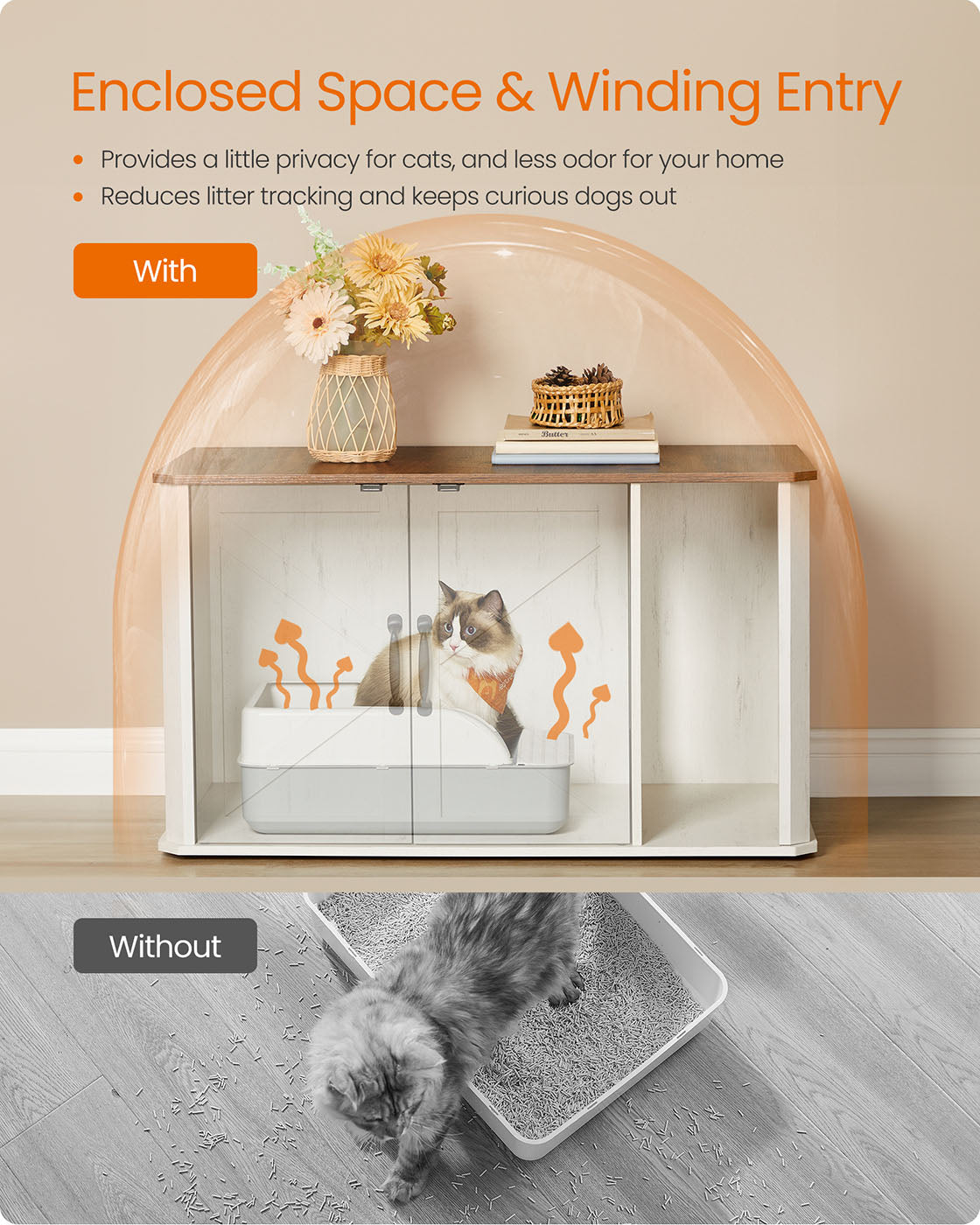 Litter Box Enclosure Modern Cat Litter Box Furniture Hidden - Honey Brown, Rustic White