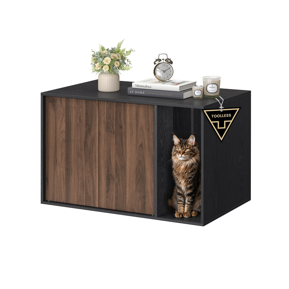 Cat Litter Box Enclosure - Toolless Assembly - For Large Cats - 31 Inch - Black + Brown