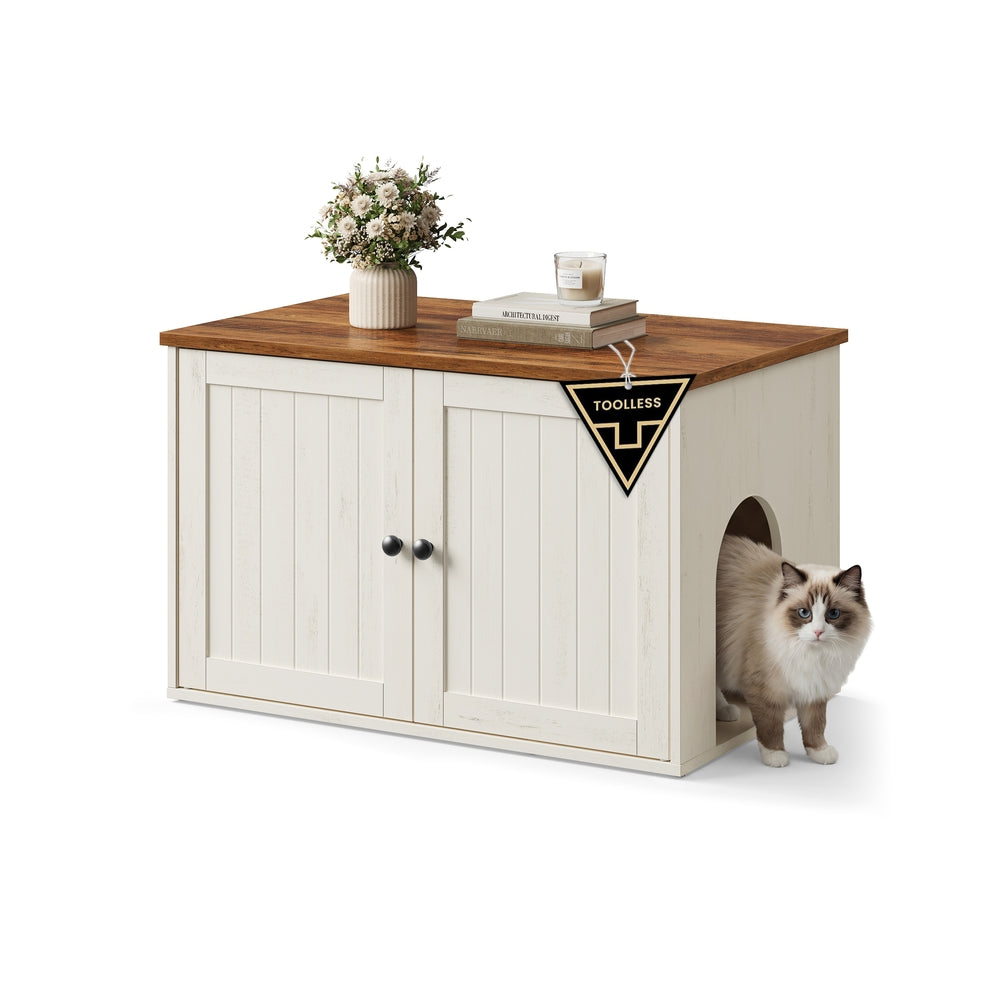 Cat Litter Box Enclosure - Rustic White + Brown