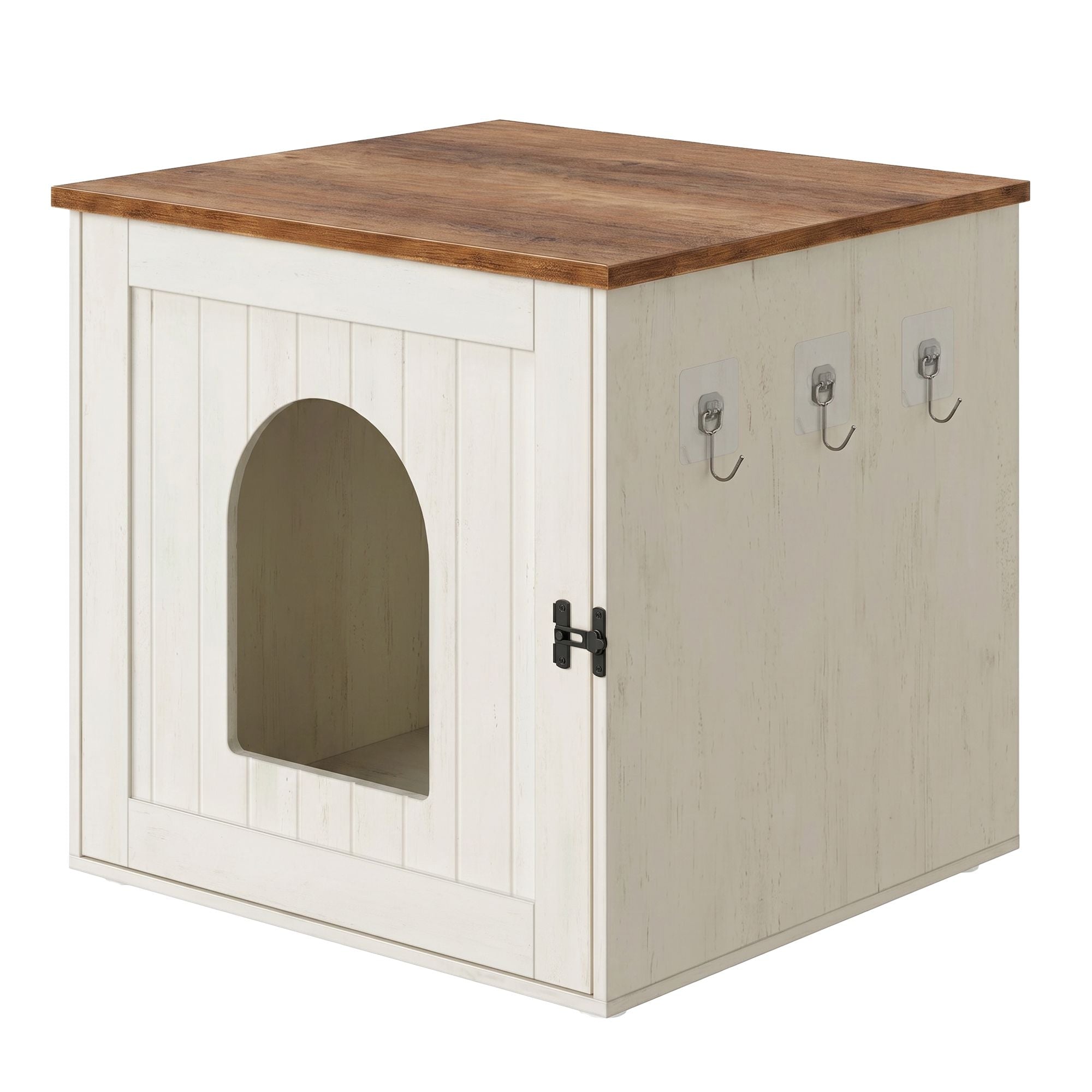 Home Cat Litter Box Enclosure - Snapsemble Superfast Assembly - Litter Box Cabinet - Double Latches - Hooks - Cat House - 21.7 x 19.7 x 19.7 Inches - Rustic White and Honey Brown PCL234WJ03S