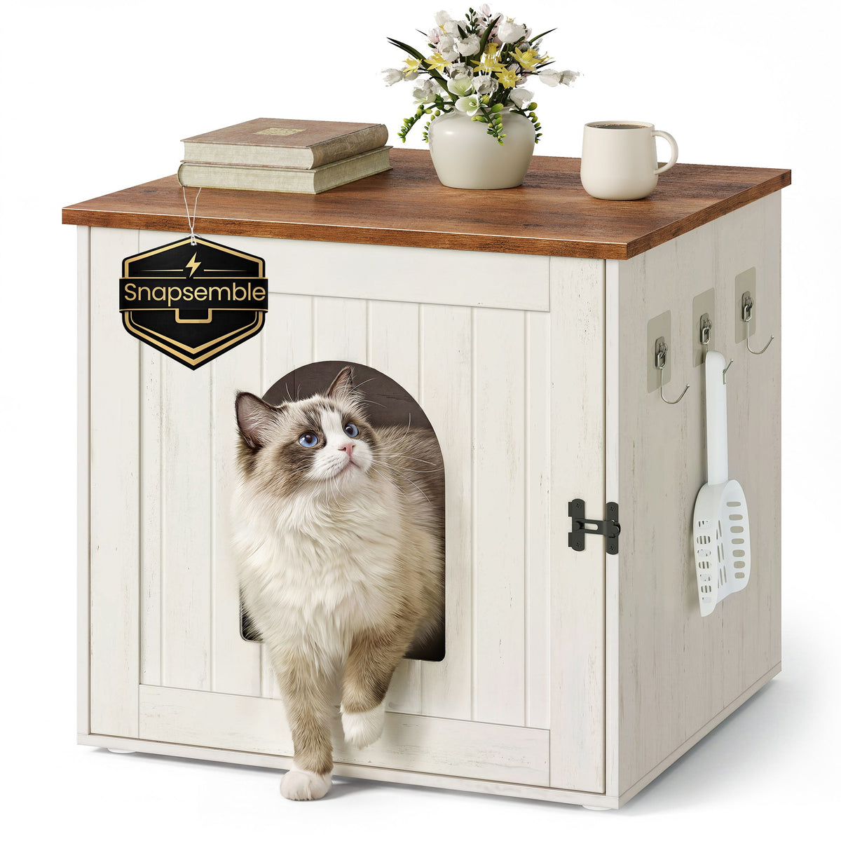 Cat Litter Box Enclosure - Push-Open Doors - Looks Like A Side Table - Cloud White, Warm Earth Brown