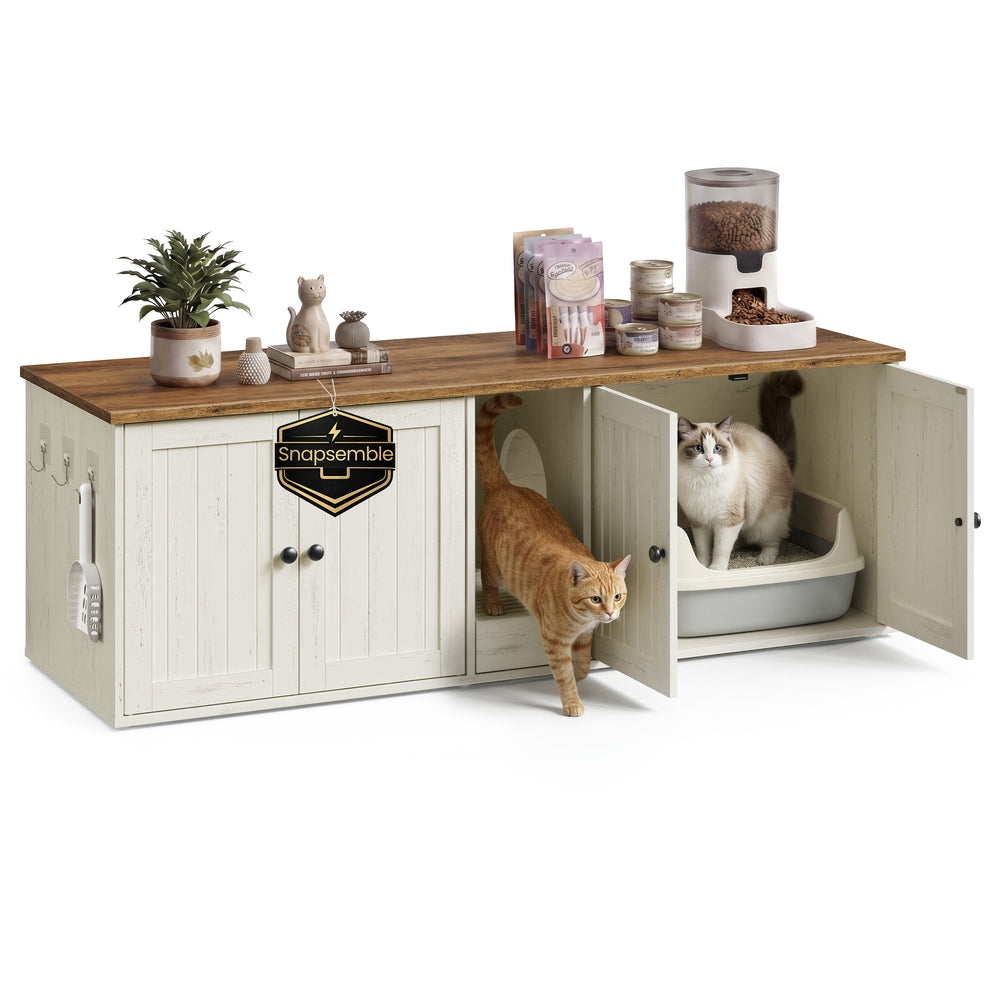 Cat Litter Box Enclosure - Push-Open Doors - Looks Like A Side Table - Rustic White, Honey Brown