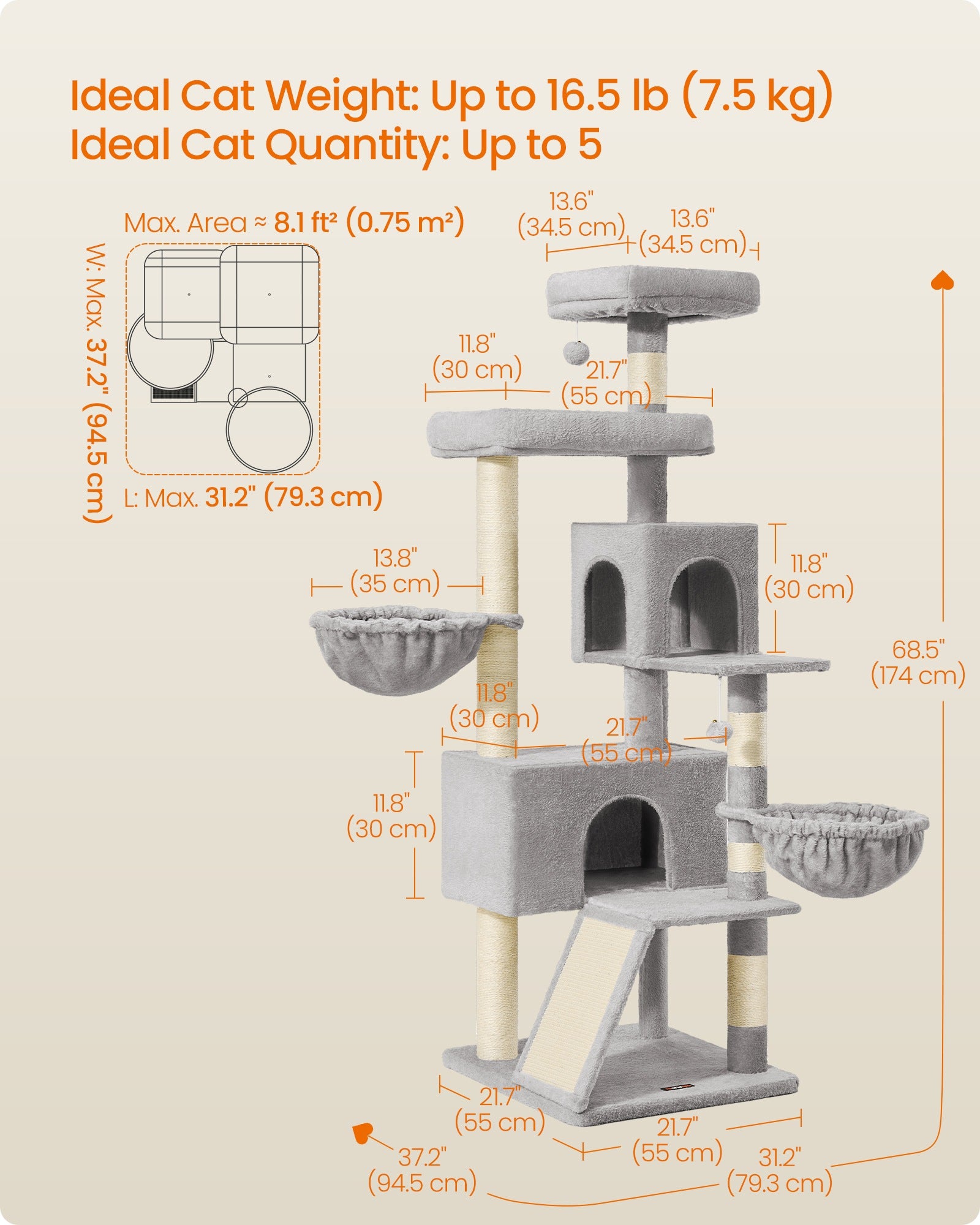 Large Cat Tree Tower - 68.5-Inch Tall Cat Condo with Large Perch