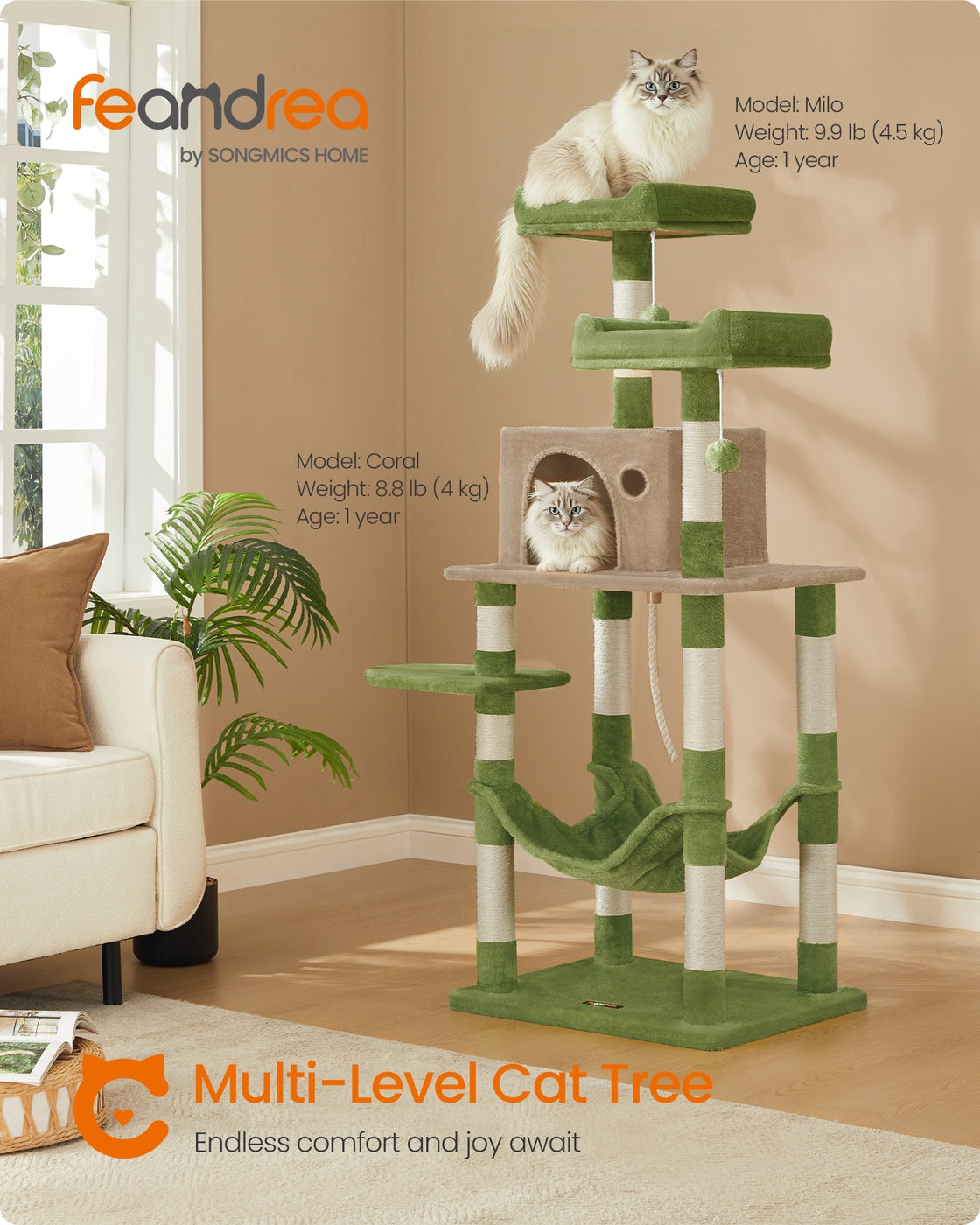Cat Tree - 56 Inch - Hammock And Two Perches - Multi-Level Cat Tower