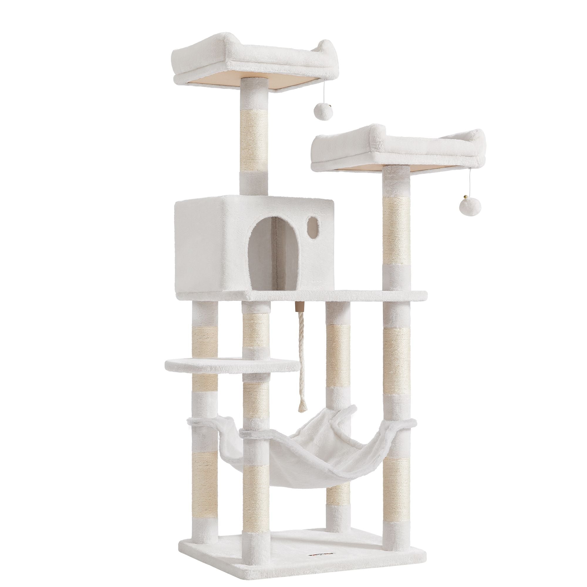 Cat Tree - 56 Inch - Hammock And Two Perches - Multi-Level Cat Tower - White