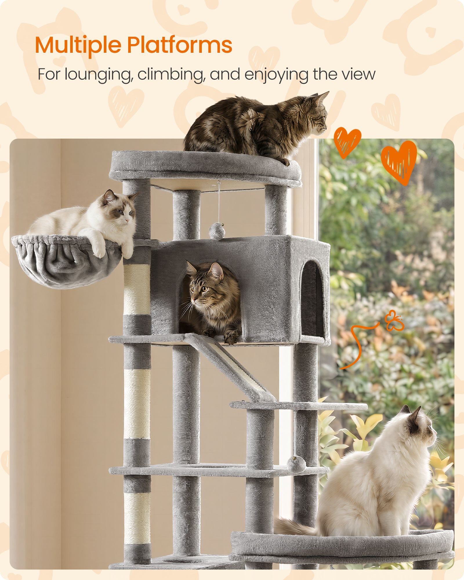 Multi-Level Cat Tree for Large Cats - Light Gray