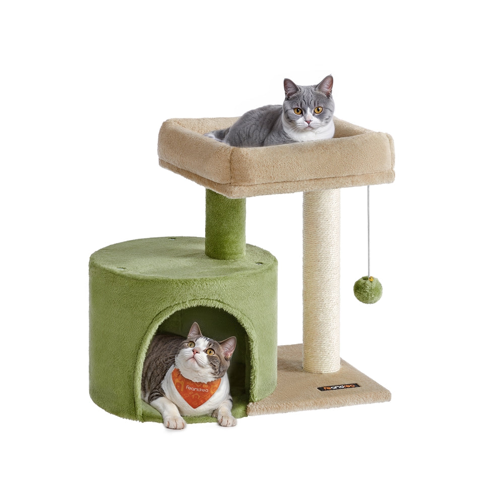 Small Cat Tower - Sisal Scratching Post - 18 Inch Compact Cat Tree - Green + Brown