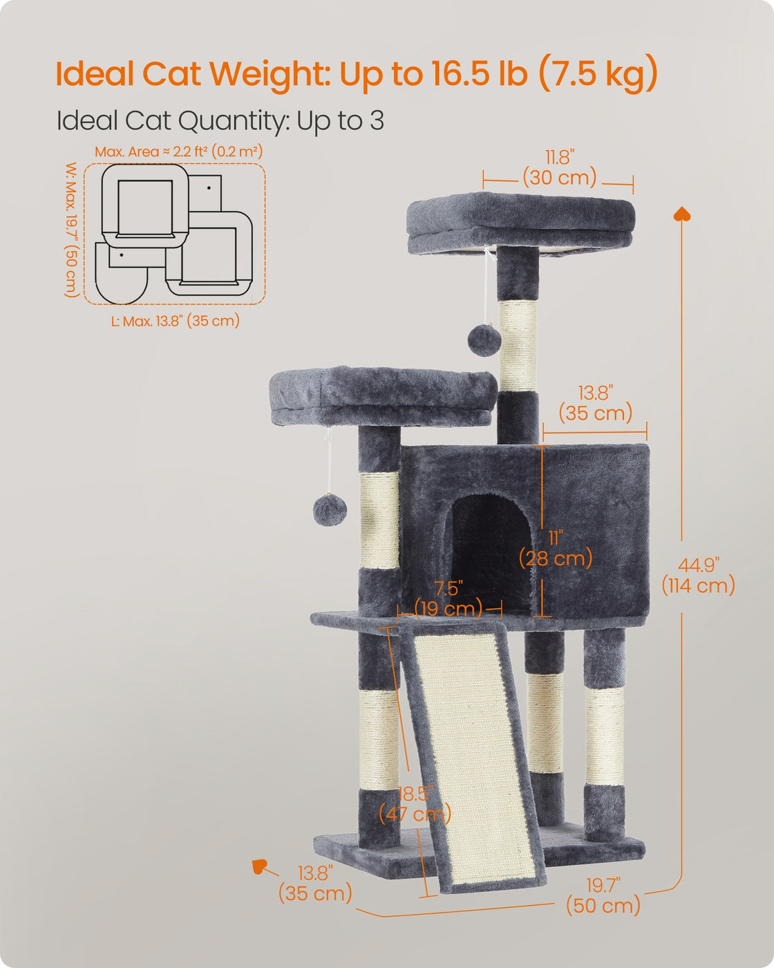 Cat Tree Condo - 45 Inch - Scratching Post - Multi-Level Cat Tower