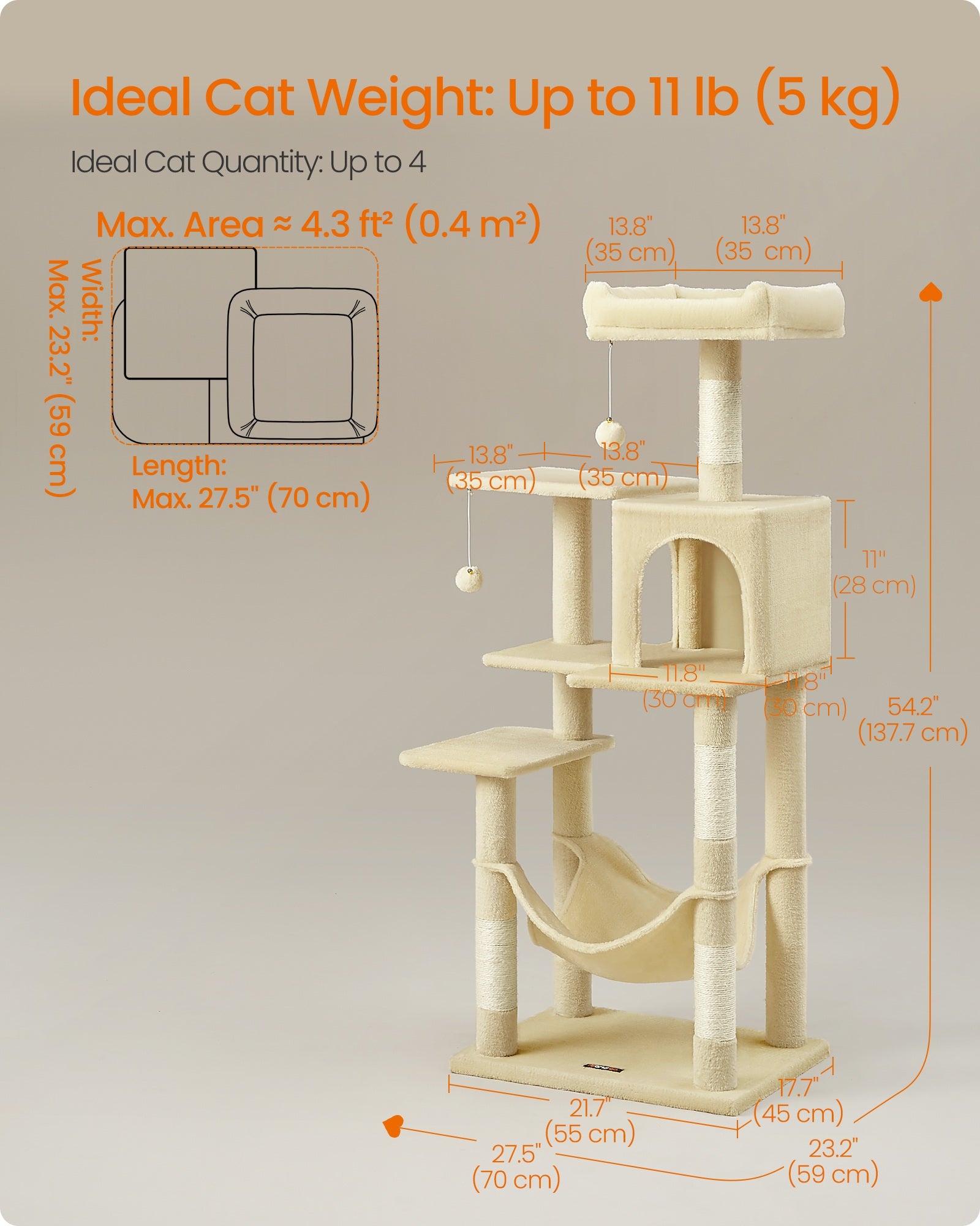 Cat Tree - 56.3-Inch Cat Tower for Indoor Cats - Multi-Level Cat Condo with 4 Scratching Posts Beige - Beige