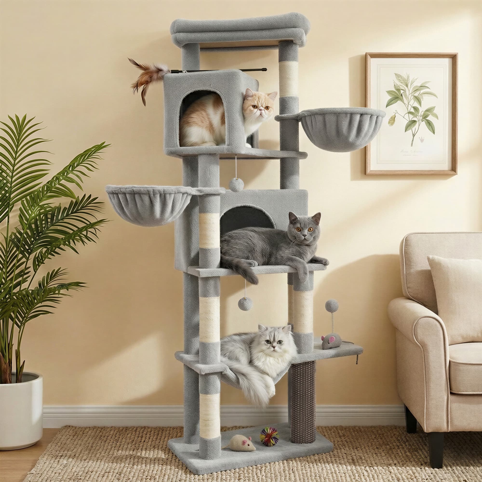 Large Multi Level Cat Tree Tower with Self Groomer and Posts - Dove Gray