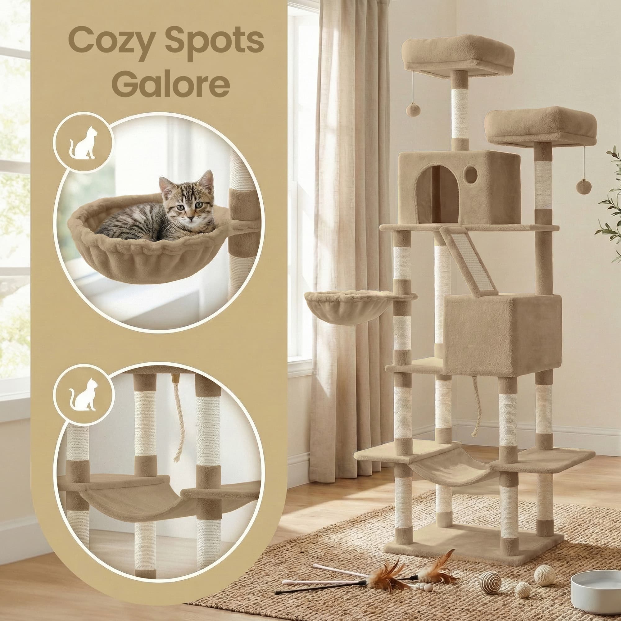 Large Cat Tree with Scratching Posts Hammock and Perches for Indoor Cats - Camel Brown