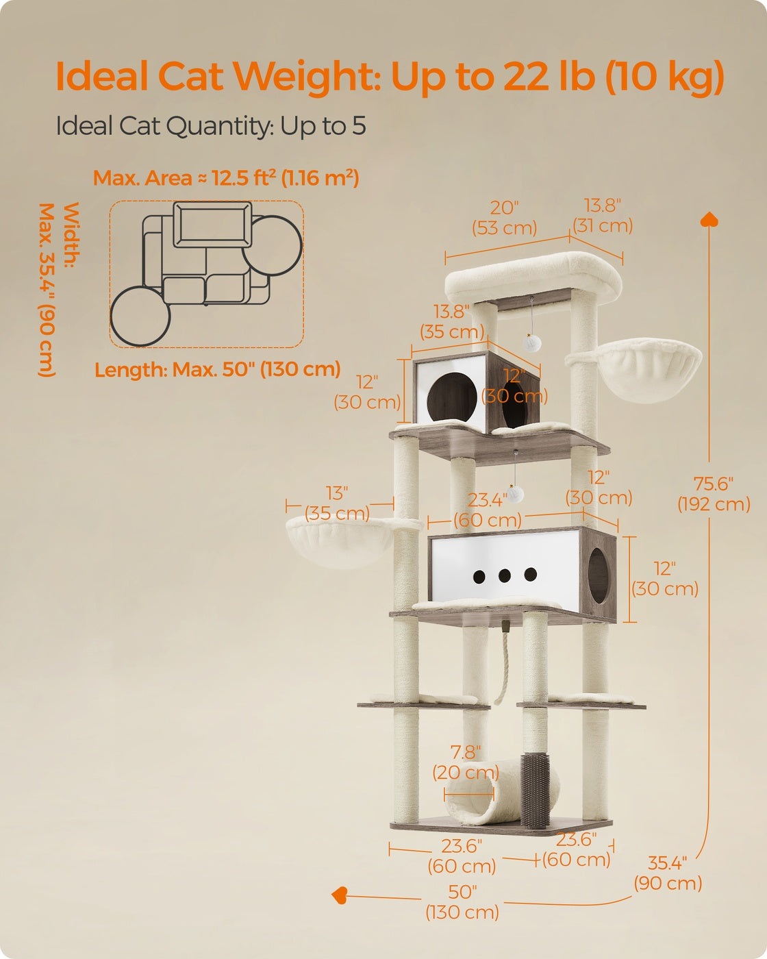77.5-Inch Tall Modern Cat Tower for Large Indoor Cats - Heather Greige