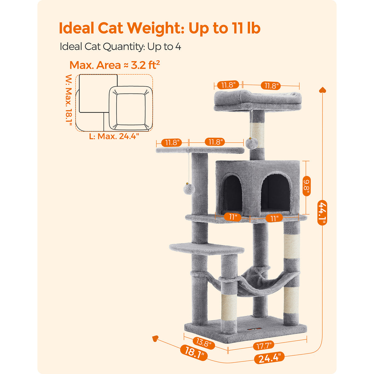 Cat Tree - Multi-Level Condo - 4 Scratching Posts - Hammock